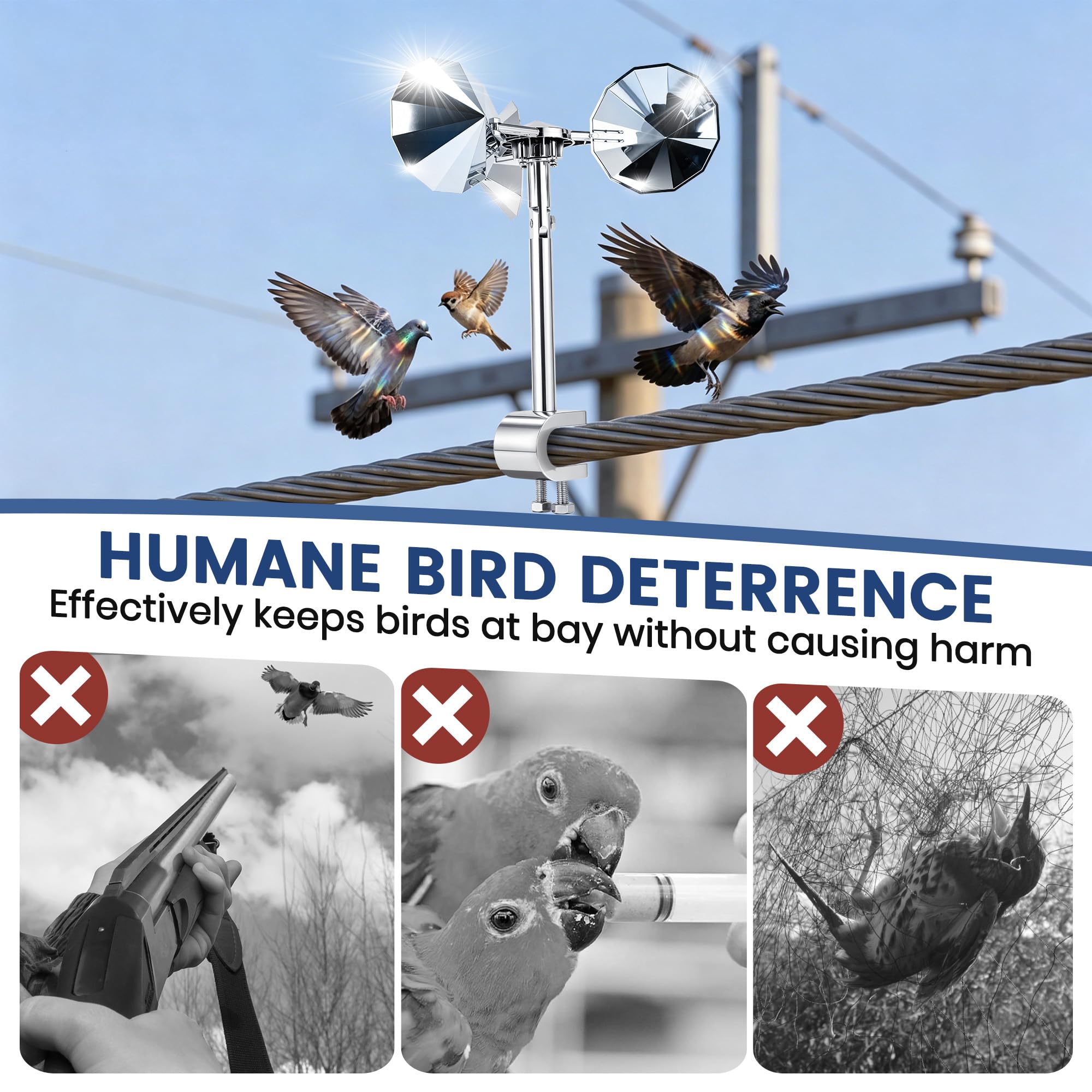 Reflektierende Vogelabschreckung mit verstellbaren Klemmsockeln, 2 Stück | Windbetriebene Vogelschreck im Freien klemmen an Zäunen, Ästen, Stangen & horizontalen Kanten für Tauben, Spatzen & Spechte
