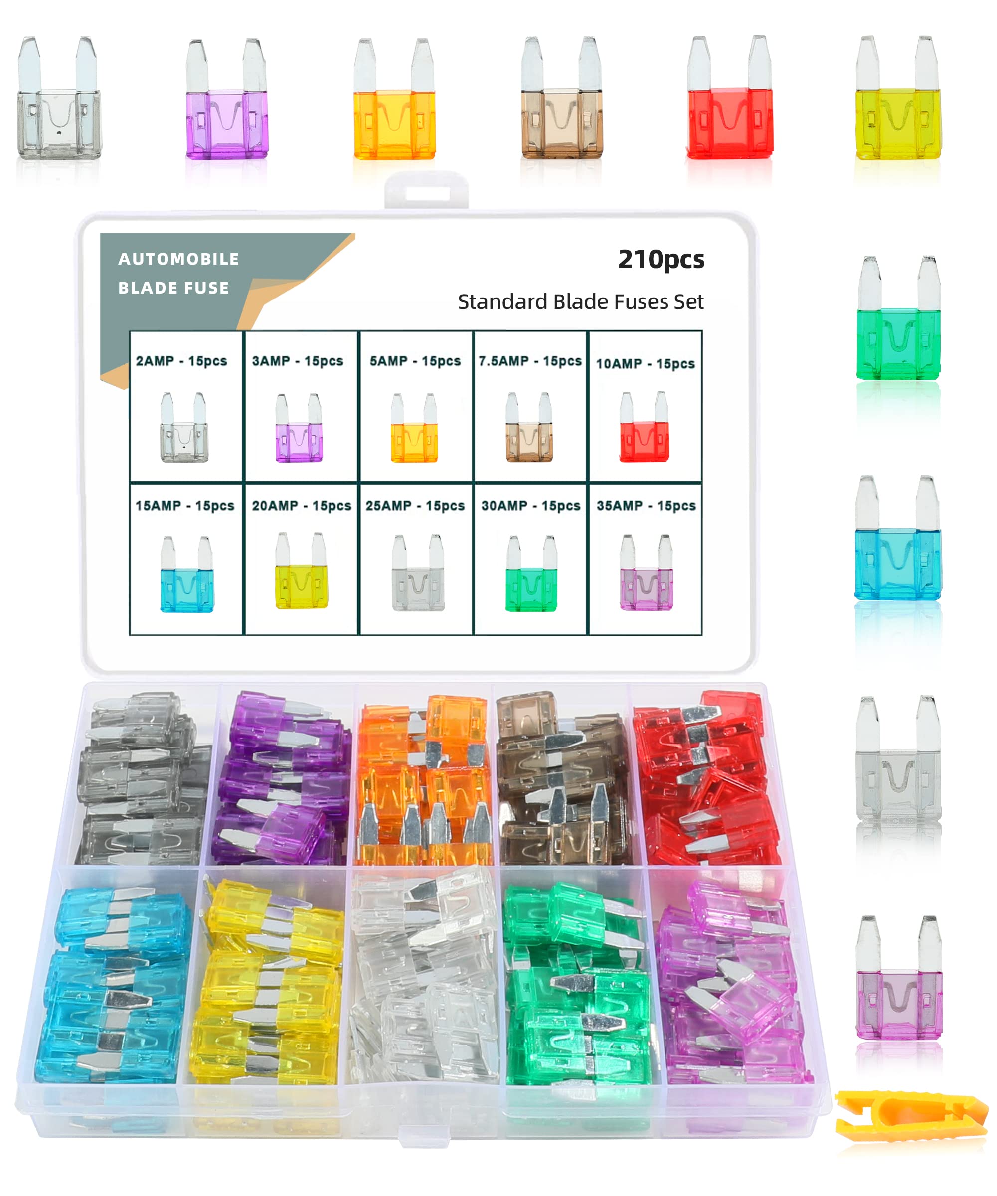 YAKEFLY Fuses Automotive Kit,Car Automotive Rv Standard Fuses,Standard Blade Car Fuse Kit,Auto ATO Blade Fuse Assortment Kit,for Car,RV,Boat, Truck(2A 3A 5A 7.5A 10A 15A 20A 25A 30A 35A) (210Pcs)