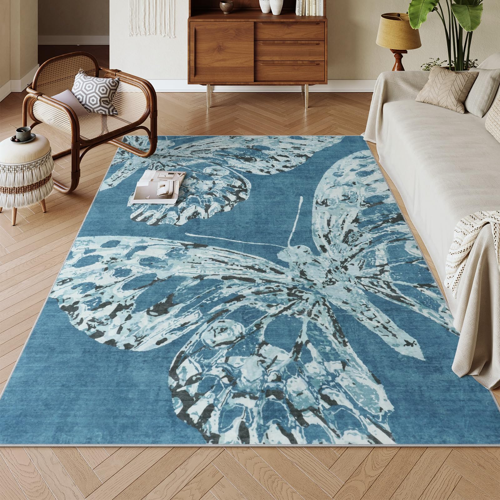 Lahome Butterfly Blue Living Room Rug 6x9, Stainproof Non Slip Bug Rugs for Nursery Bedroom, Non-Shedding Low Pile Insect Carpet for Dining Room with Rubber Back 6' x 9' Blue