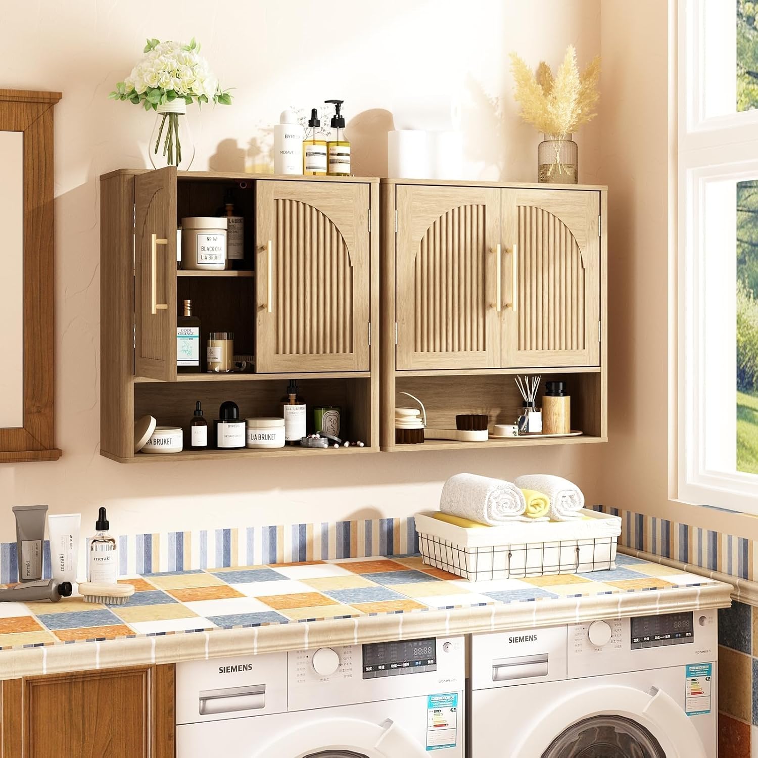 RUSTOWN Fluted Bathroom Wall Cabinet, Mid Century Modern Medicine Cabinet W/Adjustable Shelf & 2 Arched Doors, Over The Toilet Storage Cabinets for Laundry Room Kitchen Living Room, Natural Oak