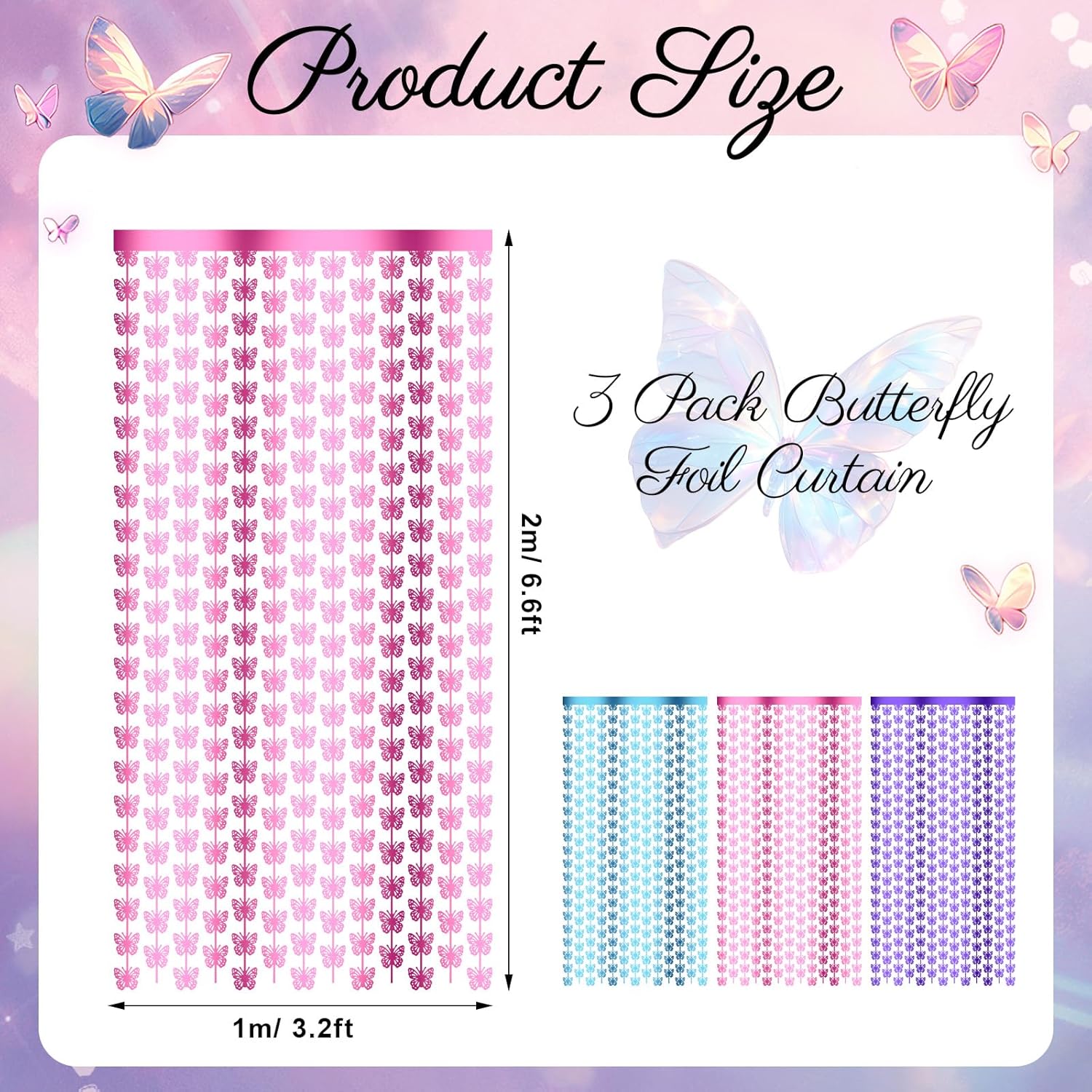 Yeaqee 3 Pcs Butterfly Fringe Party Backdrop Hanging Butterfly Foil Curtain Garland Decorations Streamers for Birthdays Princess Themed Bridal Shower Bachelorette Party Decor, Pink, Blue, Purple - Image 3