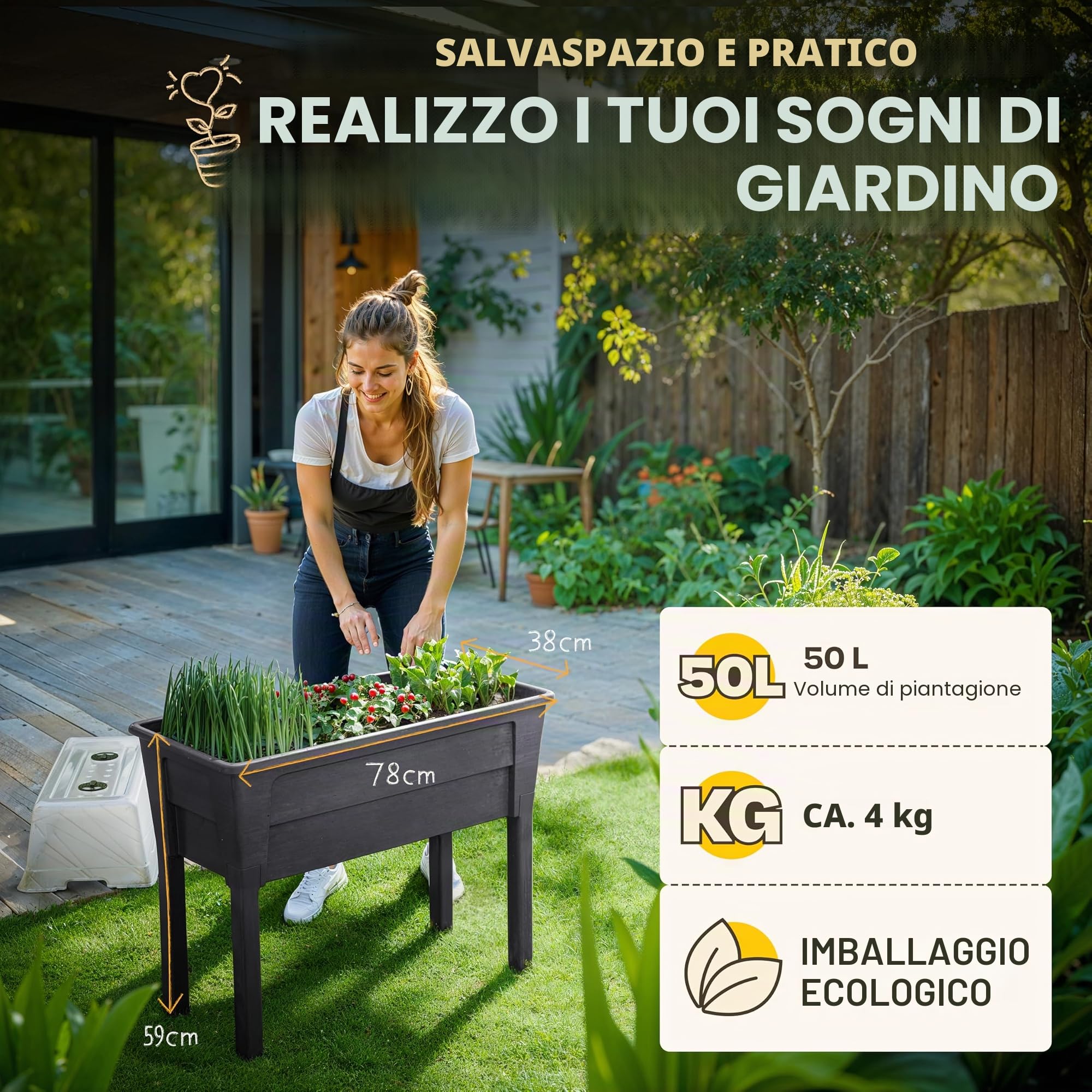 Ondis24, aiuola da giardino Victoria per balcone, vaso da fiori con serra, volume 50 L, serbatoio dell'acqua, irrigazione a goccia, piedini rimovibili, adatto per esterni (Antracite)