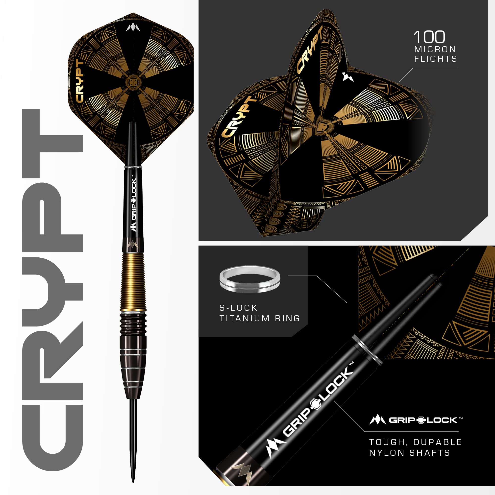 Mission Darts D1595 Crypt | Zestaw rzutek z wysokiej jakości 90% wolframu, czarny i złoty, powlekana PVD beczka i stalowa końcówka, M1, 24 g