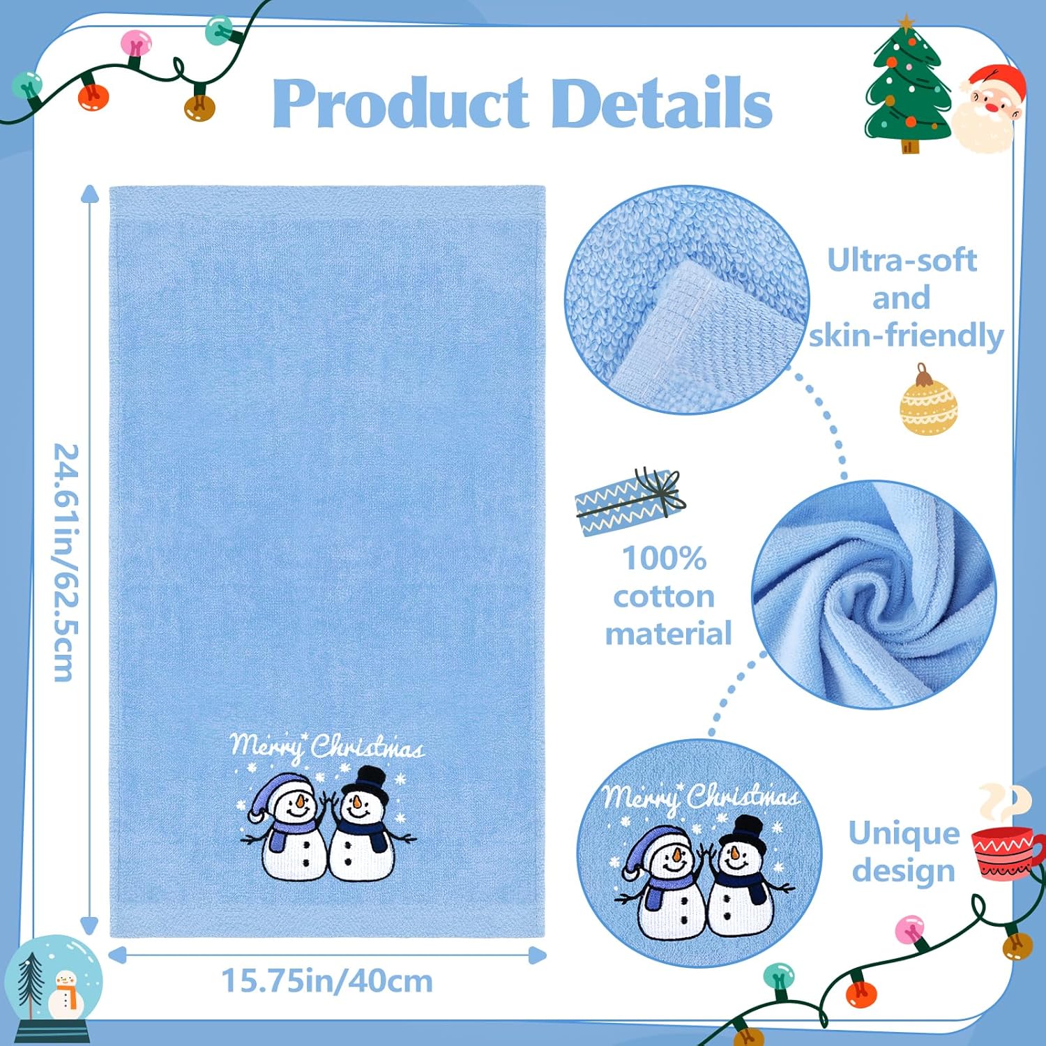 Funny Christmas Snowman Hand Towels for Bathroom Kitchen - 100% Cotton Soft Absorbent Winter Holiday Bath Towels Cute Decor - Fun Novelty Christmas Xmas Secret Santa Gifts for Women Mom -Set of 2,Blue - Image 3
