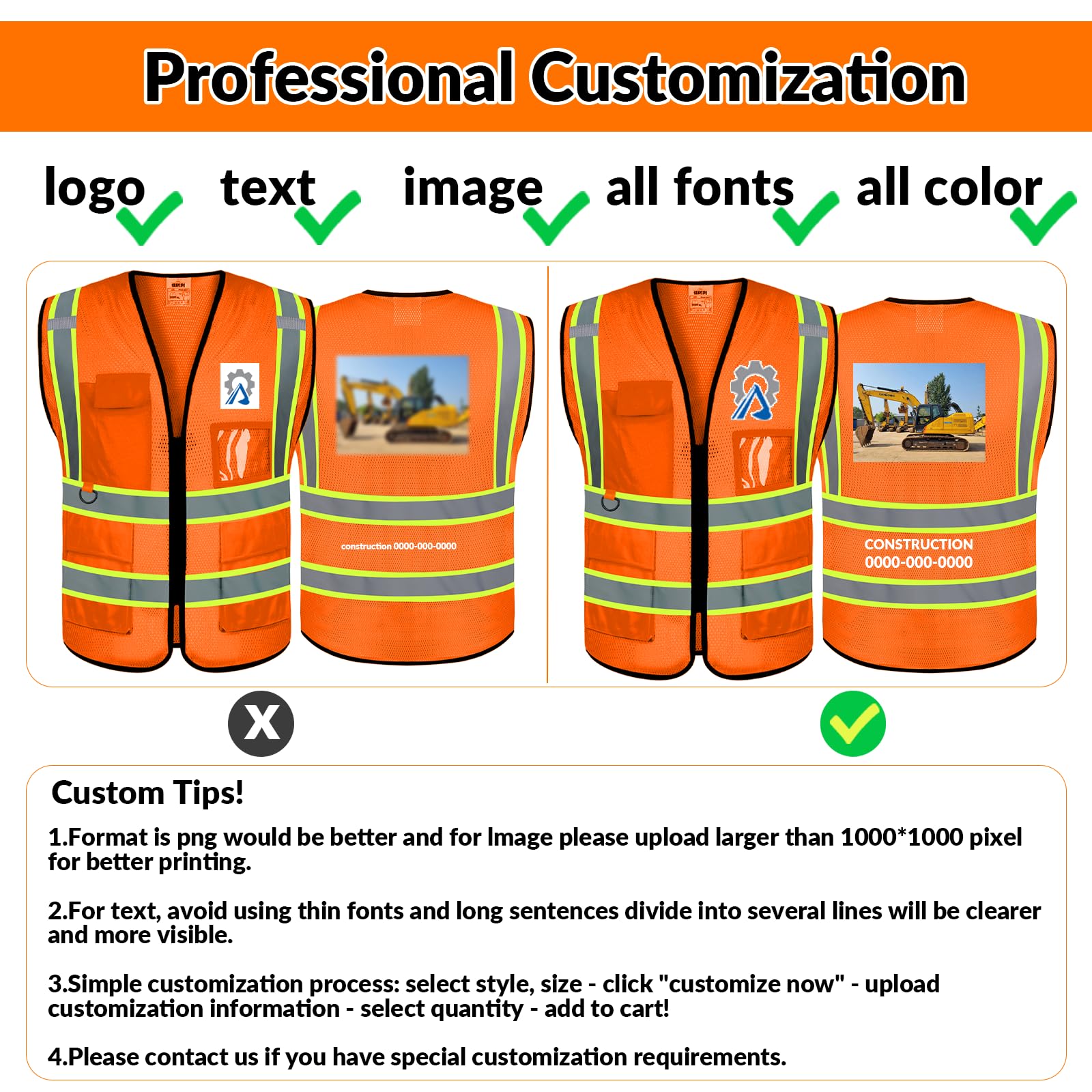 BeautyWill Custom Safety Vest, Reflective Mesh Vest with Logo Class 2 Hi Vis constuction Vest Unisex Protective Workwear with 5 Pockets-(Orange, M)