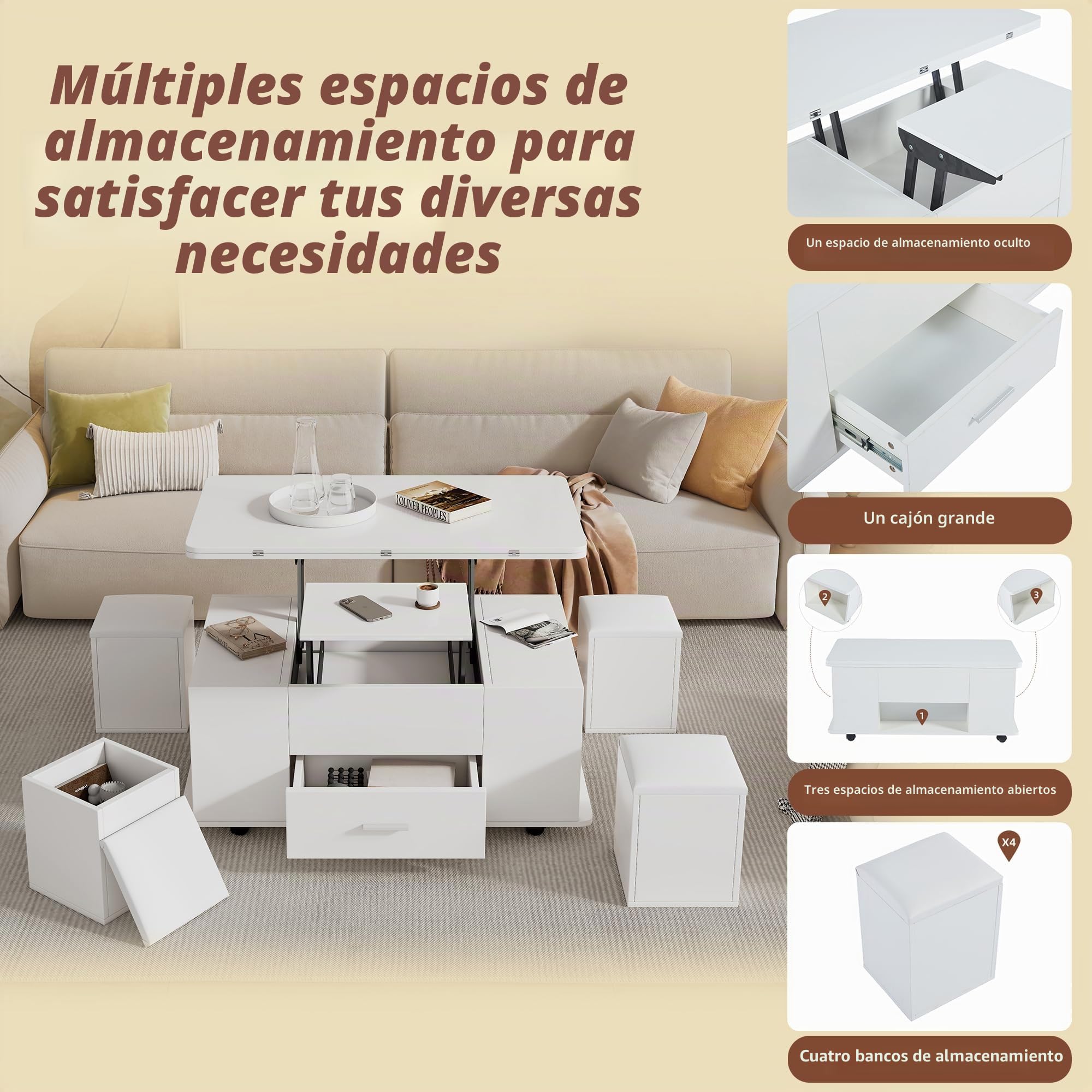 Mesa de centro regulable en altura, mesa de sofá móvil, mesa de centro multifunción 4 en 1, convertible en sala de estar, comedor, mesa de centro con cajones, con 4 taburetes, color blanco