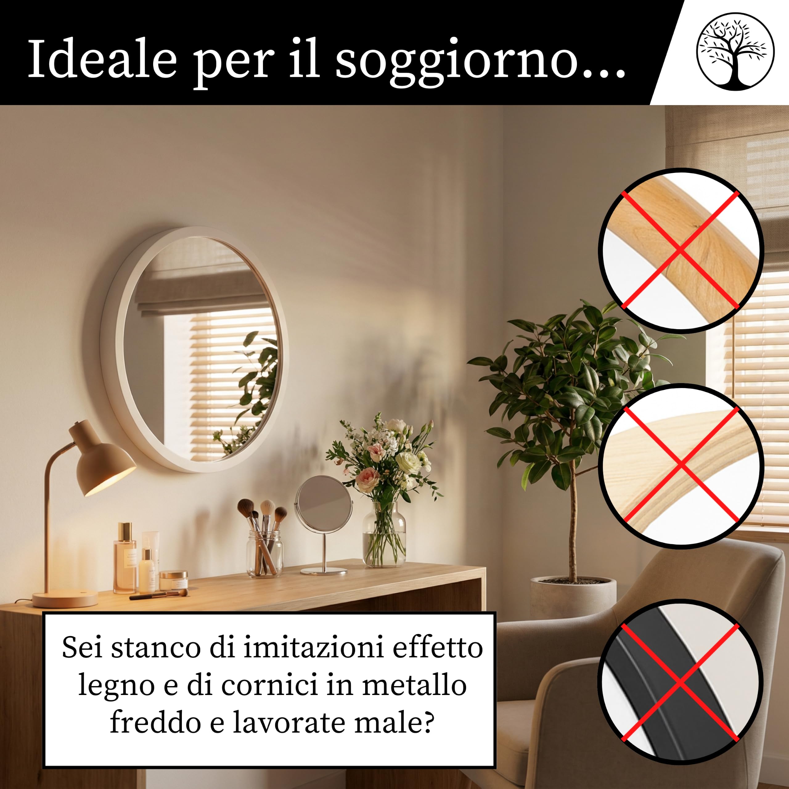 Specchio piccolo rotondo legno bianco | Legno massello, Montaggio facile, Prodotto nell'UE, Vetro a specchio da 4 mm, Gancio in metallo sicuro, Facile da pulire