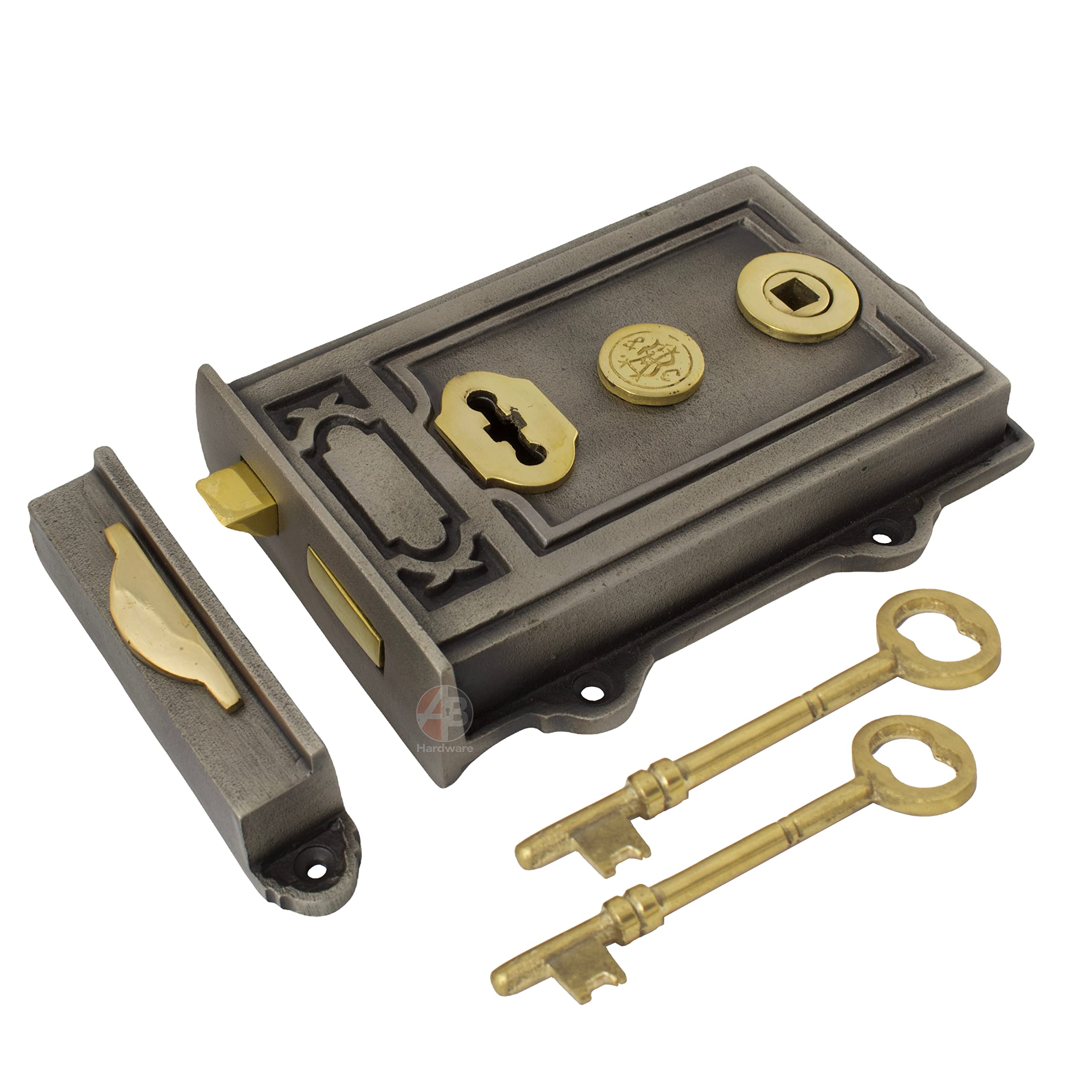 A.b Hardware Pewter Cast Iron & Brass Davenport Rim Lock Antique Victorian Style Dual Handed - Ab Hardware