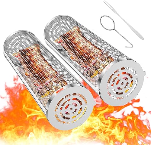 2 cestas de parrilla enrollables para verduras al aire libre, accesorios de cocina al aire libre, tina de preparación de barbacoa, malla de acero disponible en Yaxa Peru