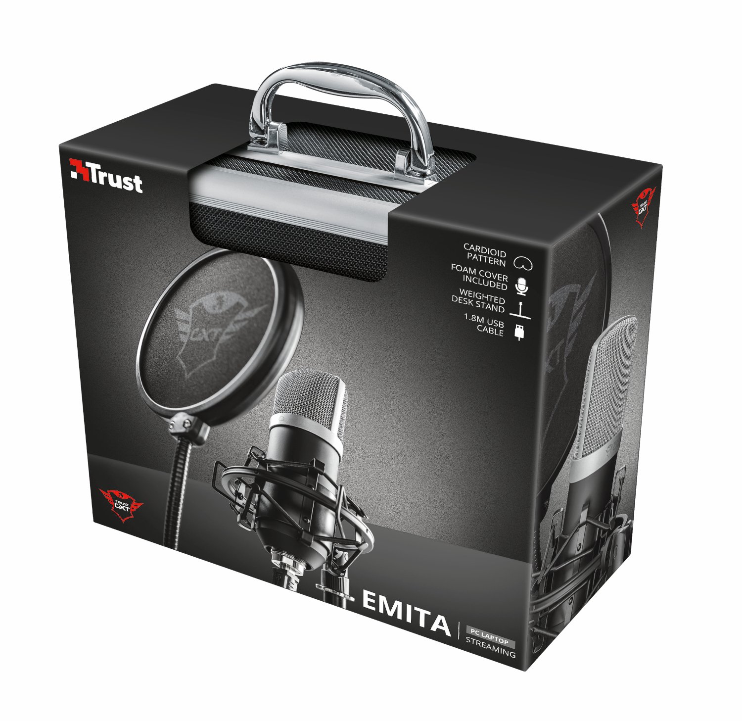 Trust Gaming GXT 252 Emita Microphone, Gamer Micro en Valisette, avec Directivité Cardioïde, USB Microphone pour PC, Ordinateur, PS4, PS5, Podcasts, Vlogs, Streaming, Youtube, Twitch - Noir