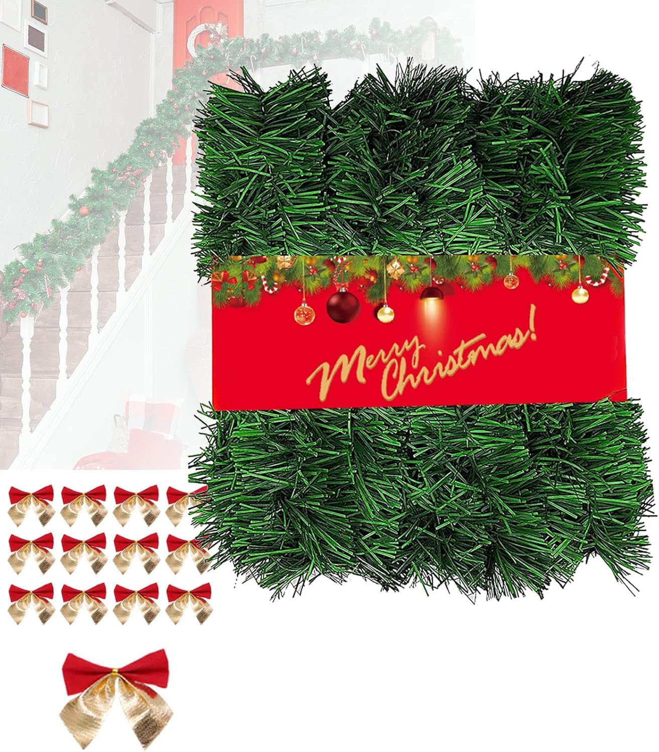 10 Metros Guirnalda Navidad + 3cm 45Pcs Lazos, Guirnalda de Navidad Adornos Navideños Decoración, Decoracion Navidad para Exterior, Chimenea, Escaleras, Puertas, Ventanas