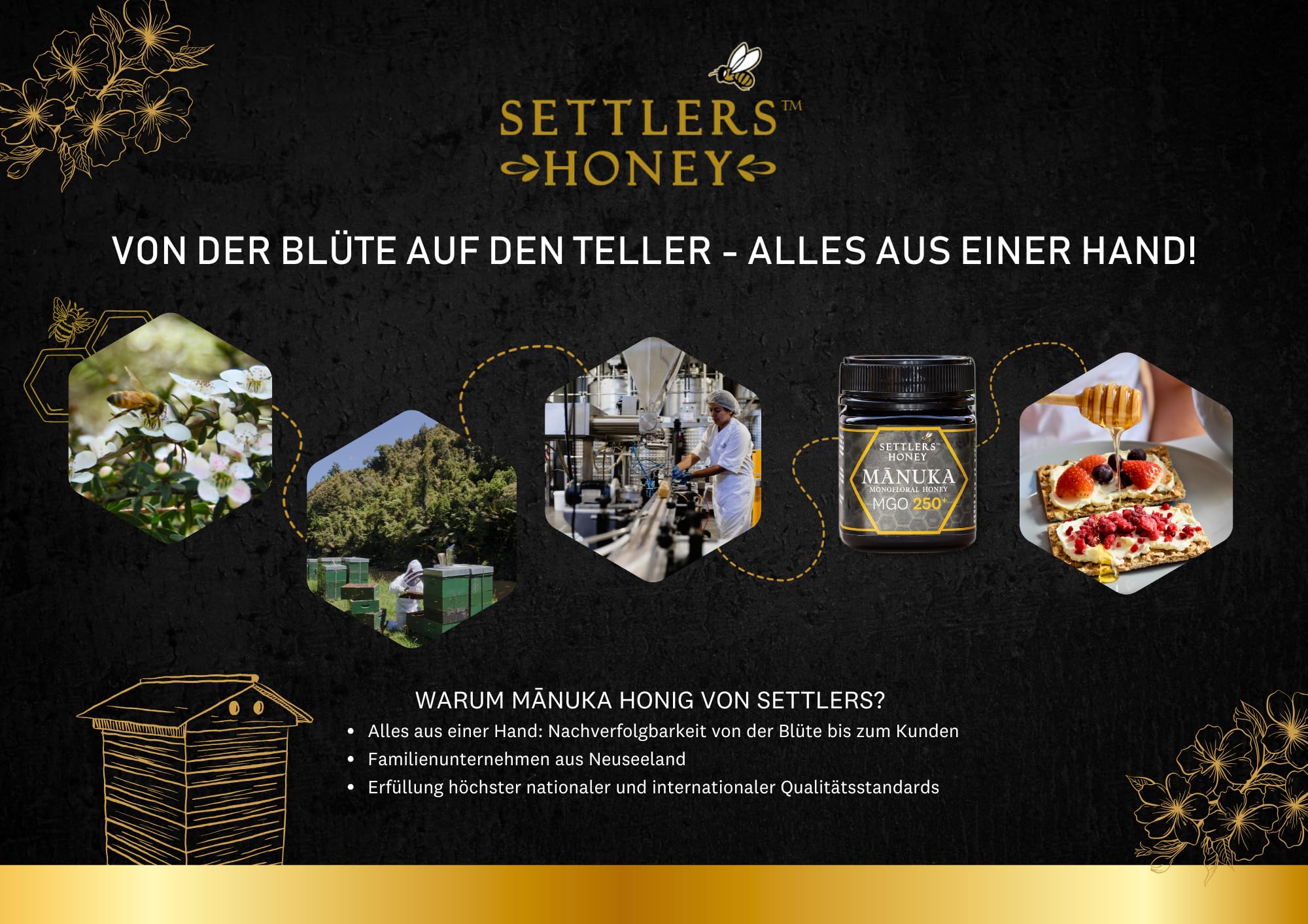 Settlers Manuka Honig MGO 800+ - produziert und abgefüllt in Neuseeland - 250g - zertifiziert und 100% purer Manuka Honig