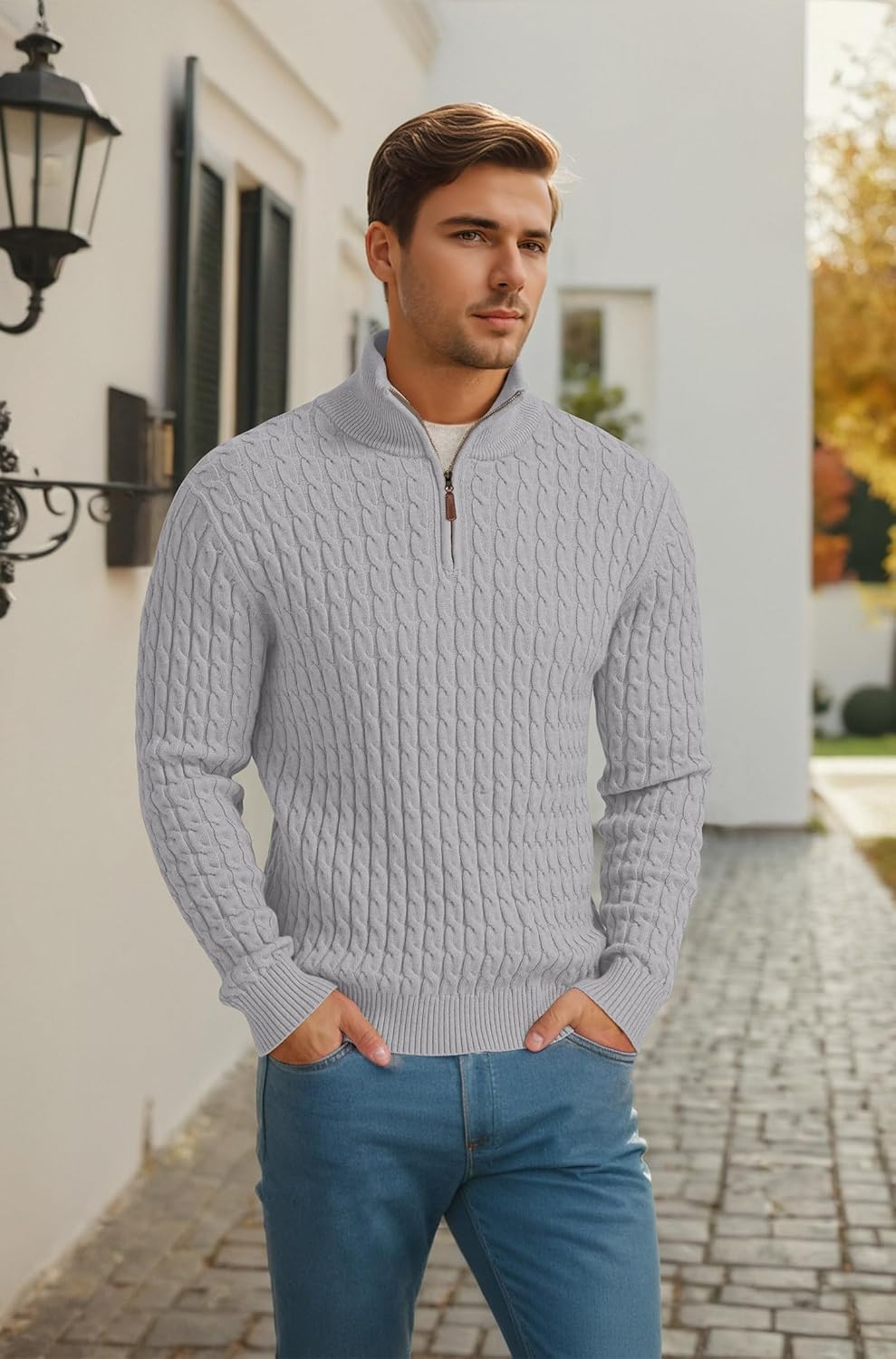 Askdeer Men's Quarter Zip Pullover Sweater Cable Knit Mock Neck Polo Sweater Classic Casual Sweater with Ribbing Edge - Image 5