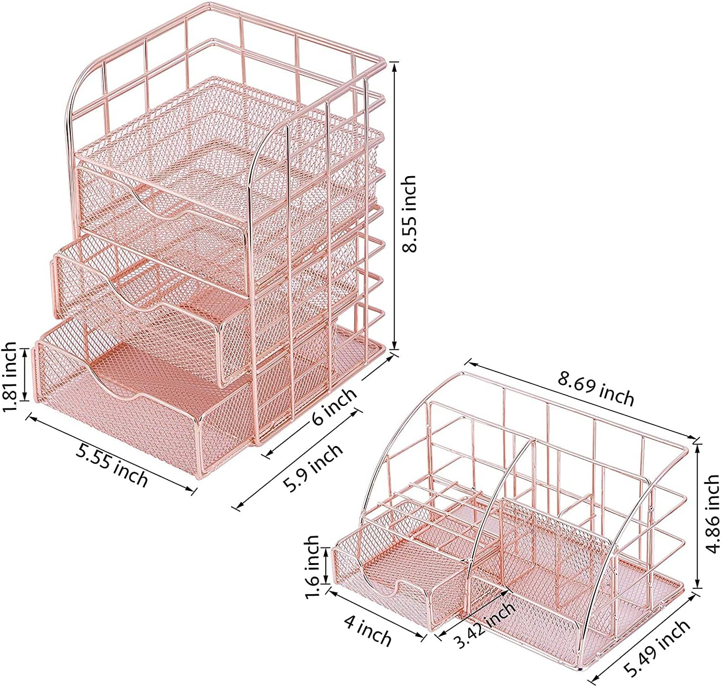 POPRUN Desk Organizer Pen Holder Office Supplies,Cute Mesh Office Supplies Accessories Essentials Caddy with Drawers for Home & Office Desktop Organization & Decor, Rose Gold - Set of 2 : Office Products
