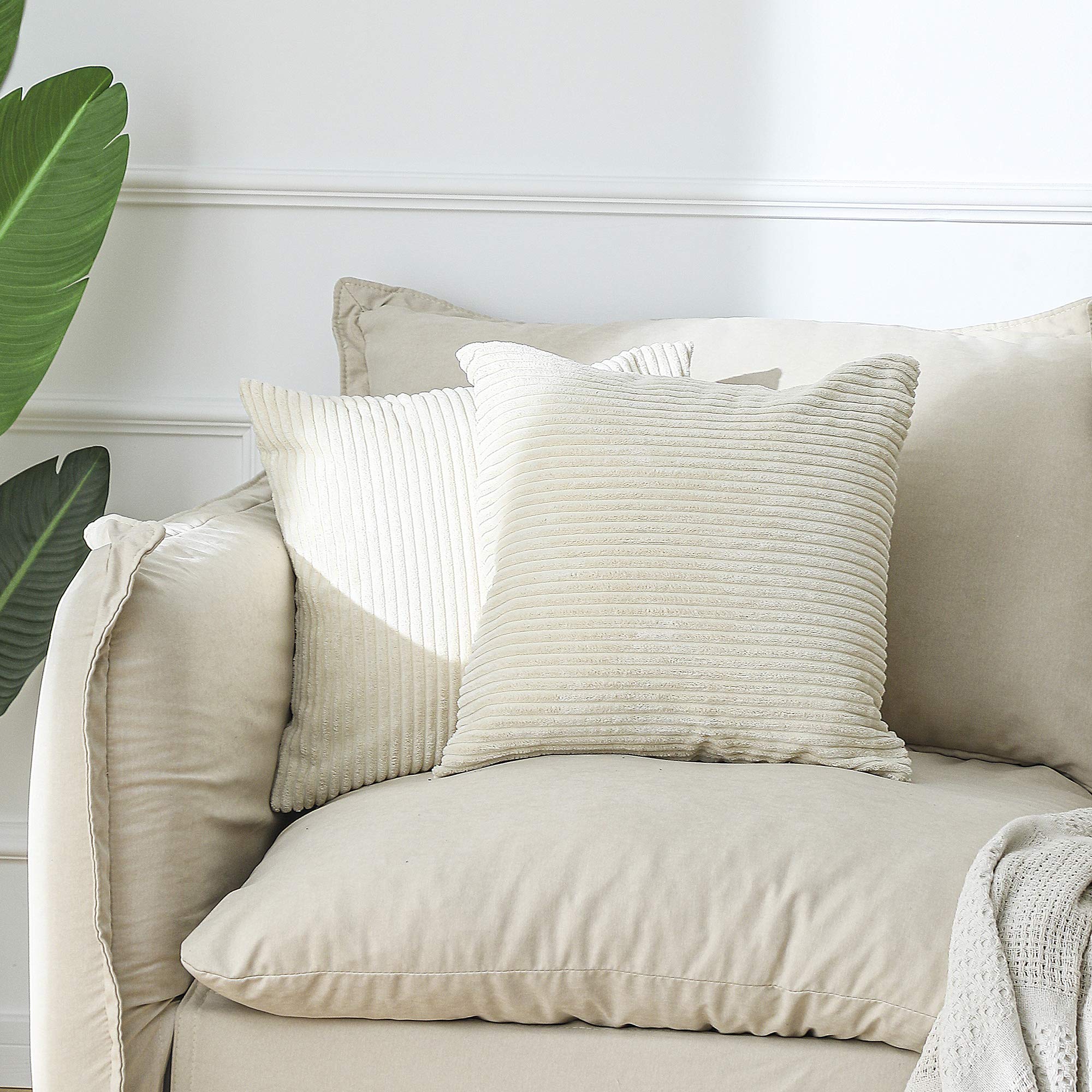 WF WU FANG 2-Pack Corduroy Soft Decorative Throw Pillow Covers Striped Cushion Covers Pillowcase Cozy Cushion Covers Pillowcase Home Decor Decorations for Sofa Couch Cream White18x18 Inch/45x45 cm