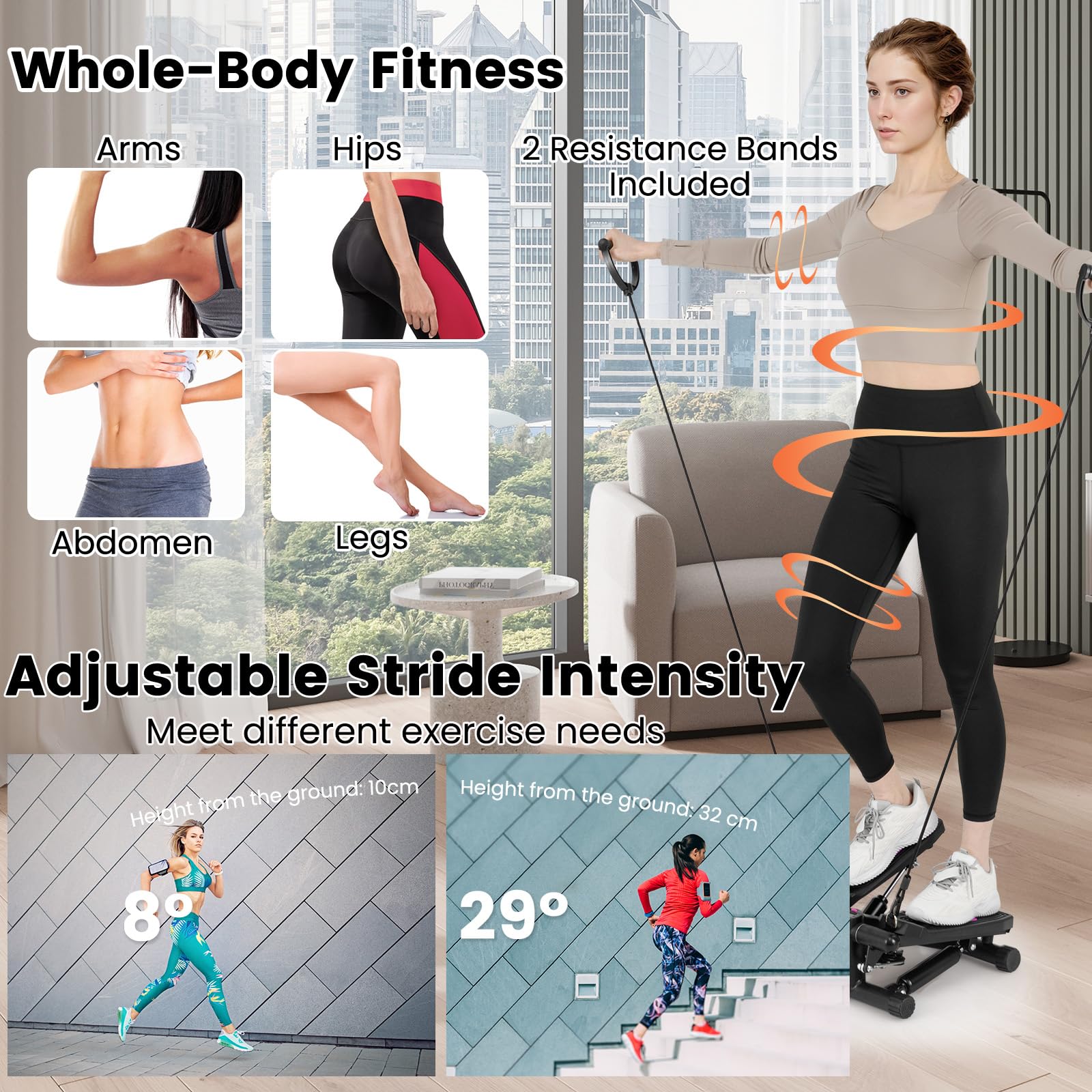 KOMFOTTEU Domowy mini step fitness, hydrauliczny stepper z taśmami oporowymi, regulacją wysokości, ekranem LCD, antypoślizgowymi pedałami, sprzętem cardio do treningu ciała, ćwiczeń