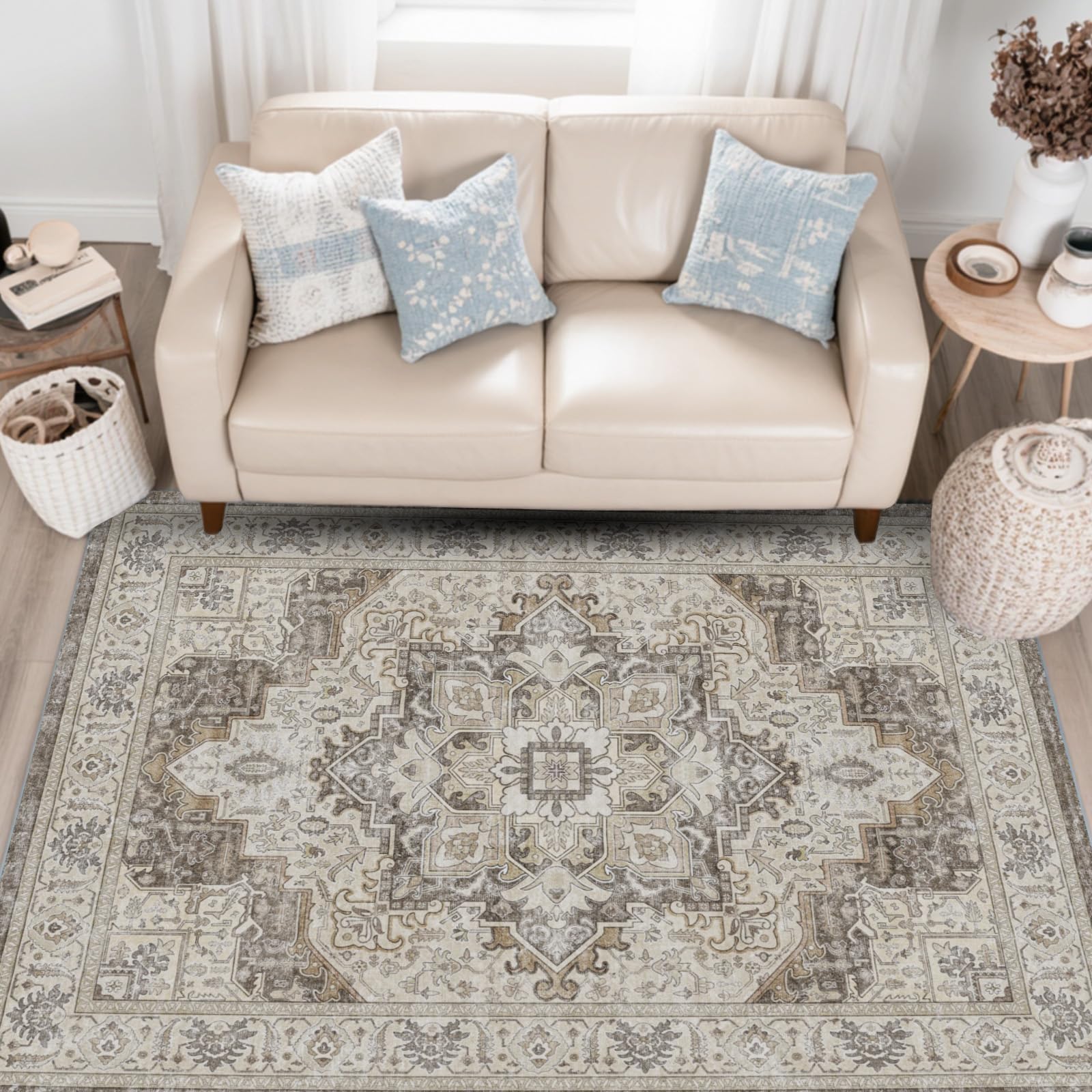 Alfombra Persa Lavable con Base Antideslizante de TPE – Alfombra de Pelo Corto para Salón, Dormitorio, Pasillo o Cocina – Diseño Vintage, Suave y Duradera