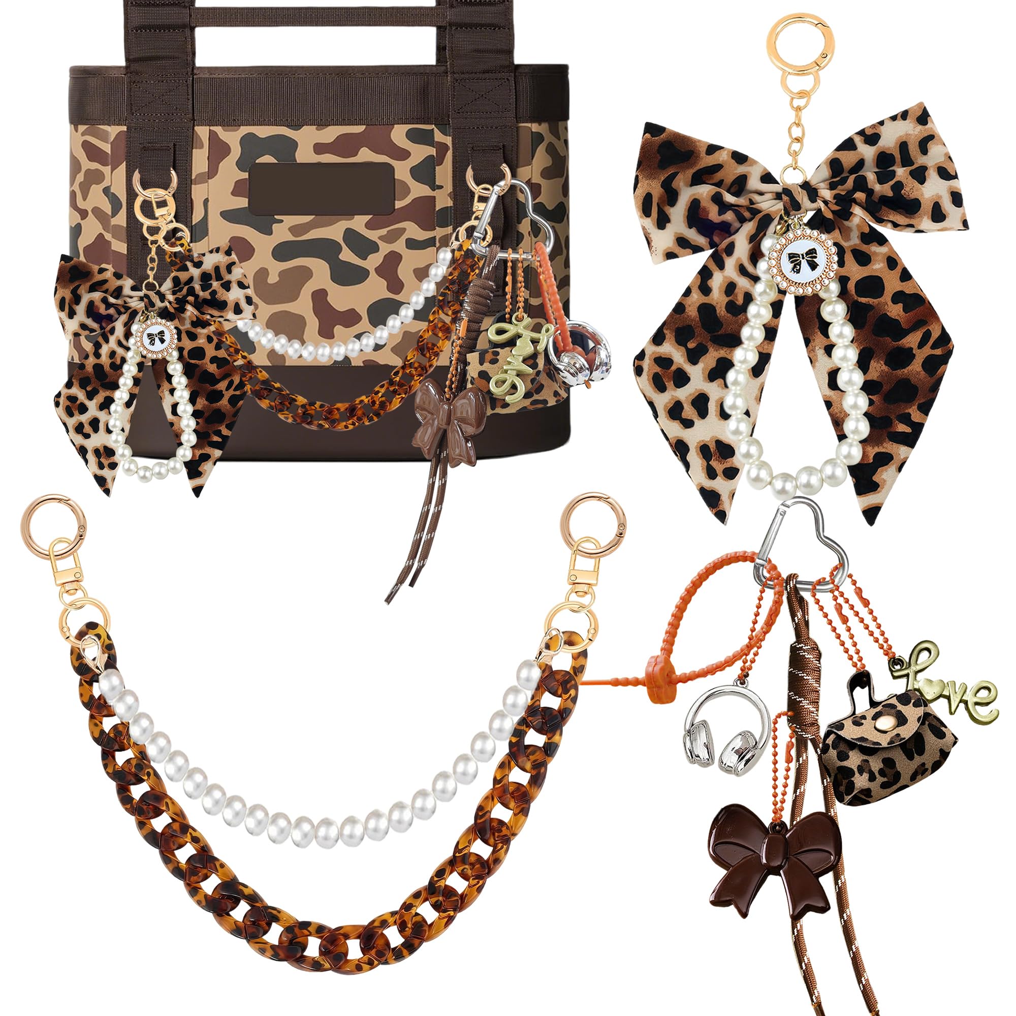 YPINGABS 9PCS Tote Bag Decor Kit, Pearl Tassel Bow, Mini Bag, Love & Earphone Charms, Acrylic & Pearl Chains, Compatible with for YETI Camino 20/35/50