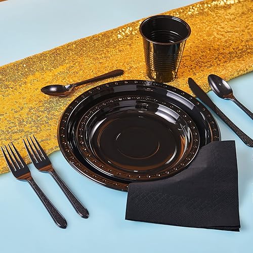 Miniatura 4 de FULING Juego de vajilla desechable de 175 piezas de suministros transparentes para fiestas, platos de plástico y servilletas de papel, cubiertos