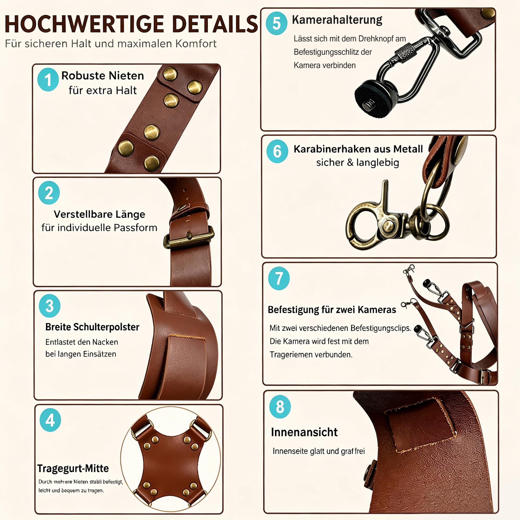 Leder Kameragurt Für 2 Kameras Doppel Schultergurt Tragesystem Vintage | Extra Verstärktes Leder, Ergonomisches X-Design & Doppelschutz Für DSLR/SLR