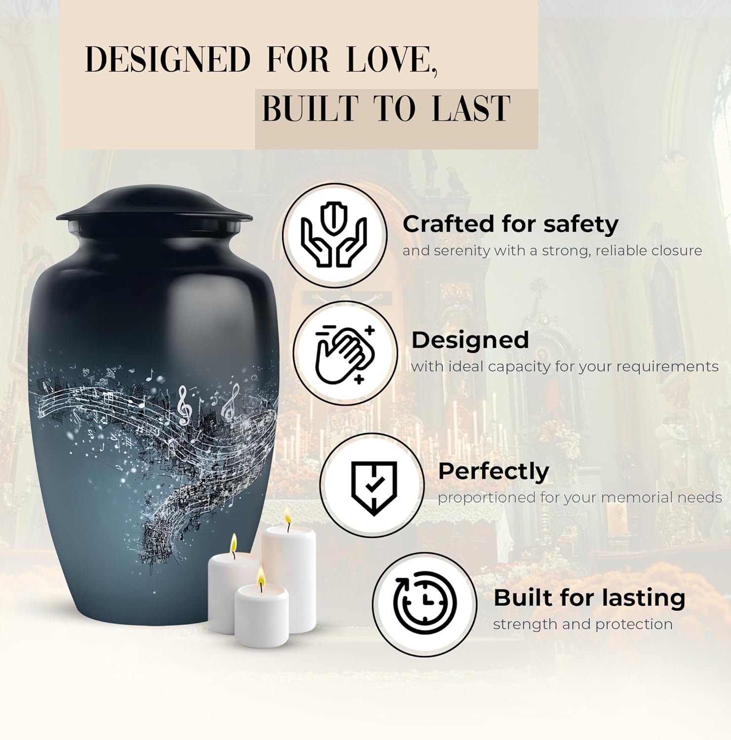 Handcrafted Music Urn - Cremation Urns for Human Ashes - Blue Urn with Musical Notes 250lbs Capacity - Suitable for Burial for Men, Women, Mom, Dad - Decorative Funeral Urns Box Large 10 Inch