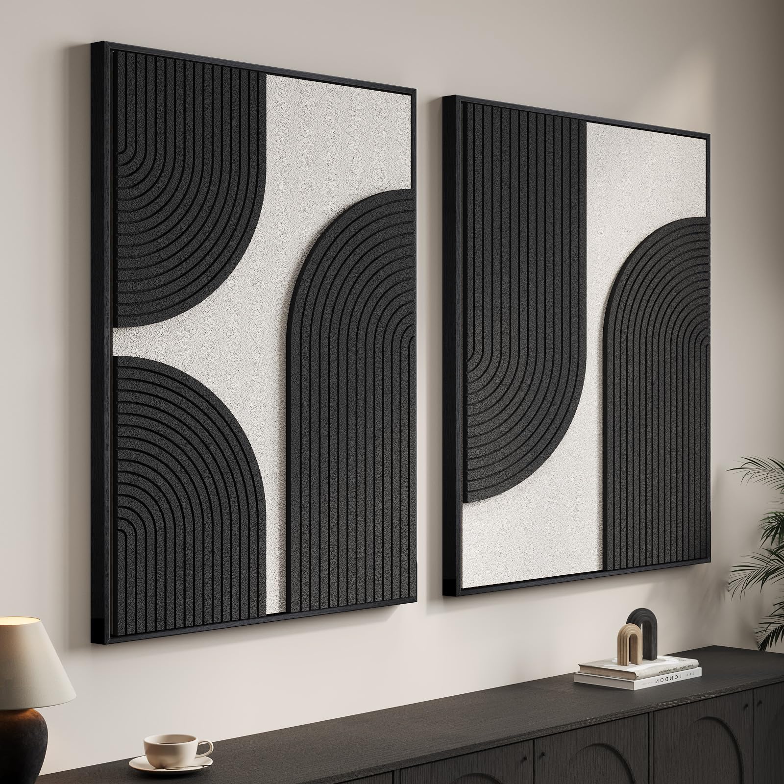 framed black white abstract wall art decor set of 2, 24x36 in | 3d textured, solid wood frame, black white, minimalist geometric, sandstone artwork, living room, bedroom wall decor