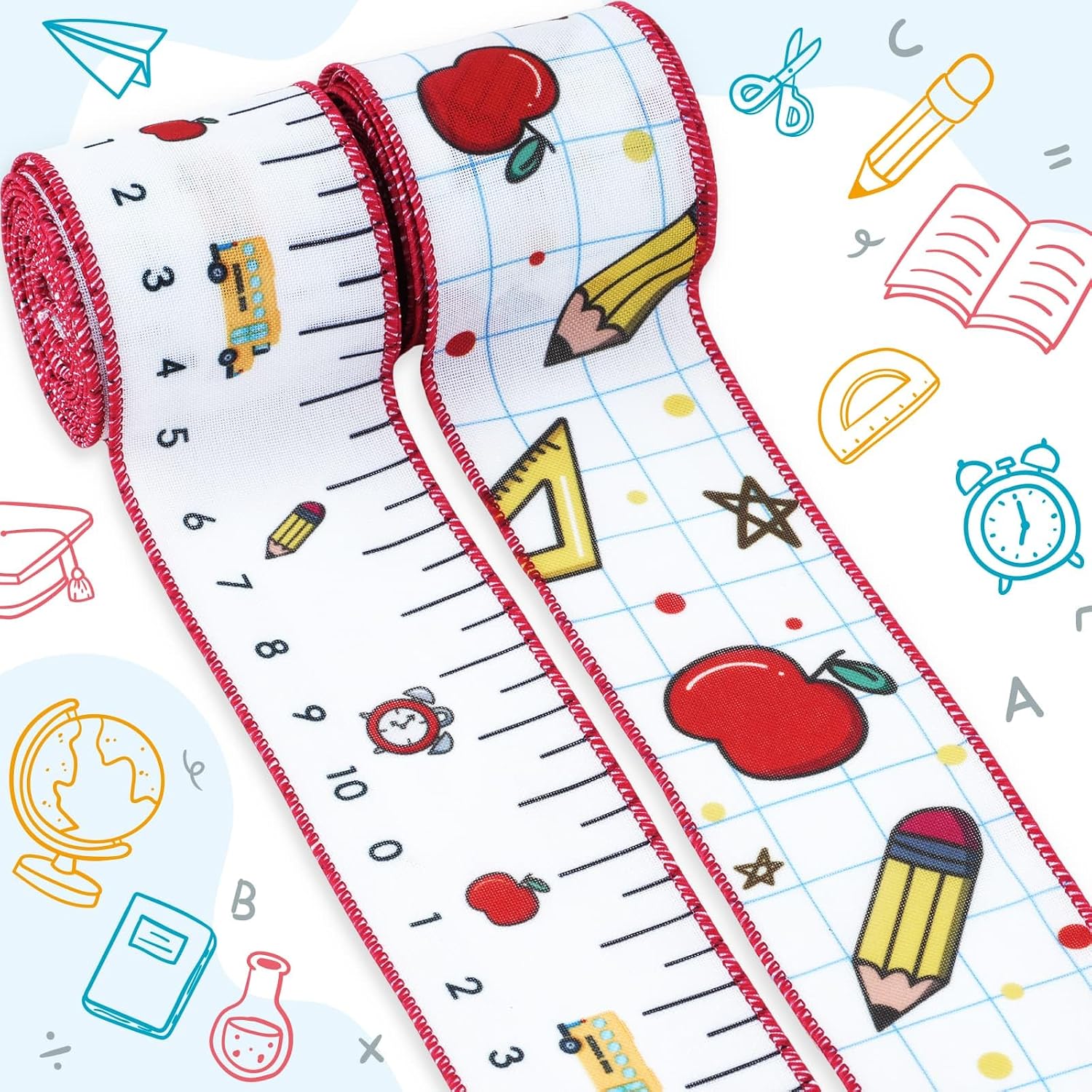 YKW 2 Rolls Pencil Ruler Back to School Wired Edge Ribbon, 2.5" x 5 Yards Burlap Apple Teacher Ribbon for Gift Wrapping Classroom Decorations DIY Crafts (Back to School - Pencil Ruler)