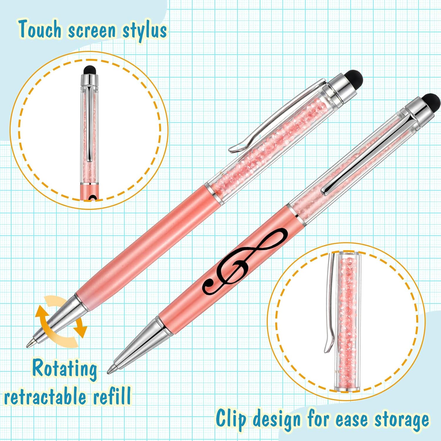 48 Pcs Music Note Ballpoint Pens with Touchscreen Stylus 0.5 mm Black Crystal Pens Twist Retractable Music Teacher Gifts Ballpoint for Musical Party Favors School Office Supplies