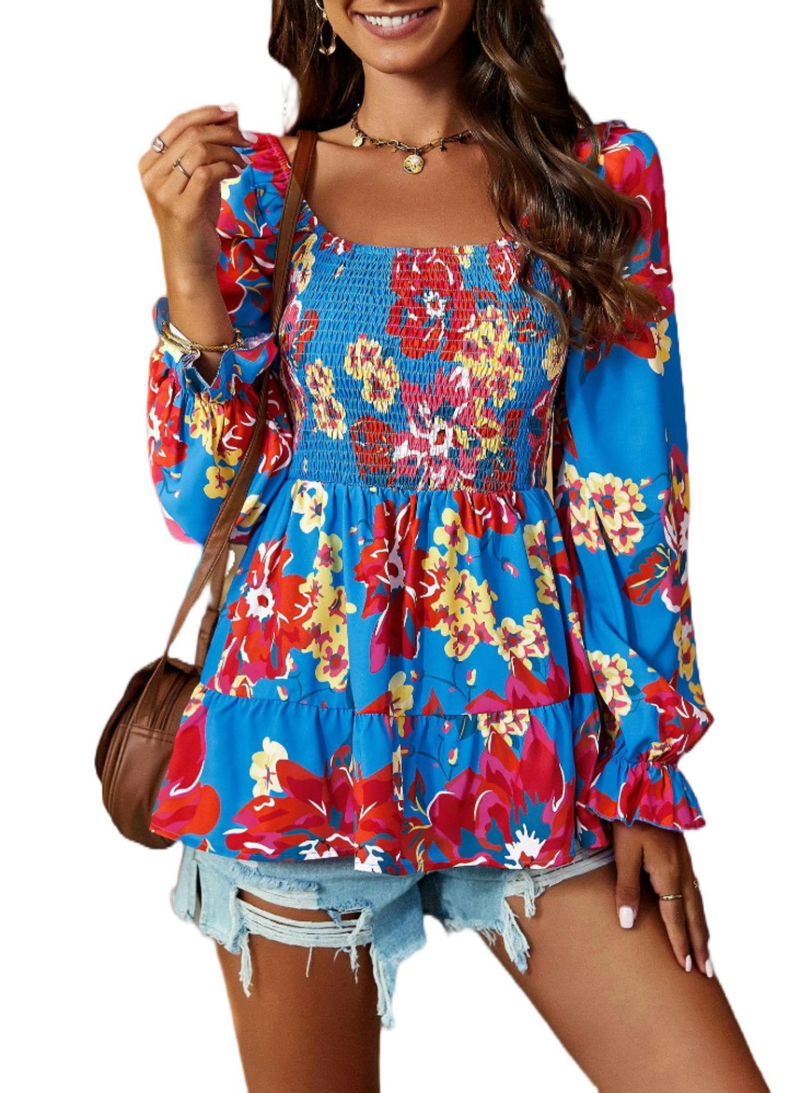 Camisa de Manga Larga con Cuello Cuadrado para Mujer, Estilo Casual, con Estampado de Temperamento de Primavera y Verano, Color Rojo Rosa, Talla S