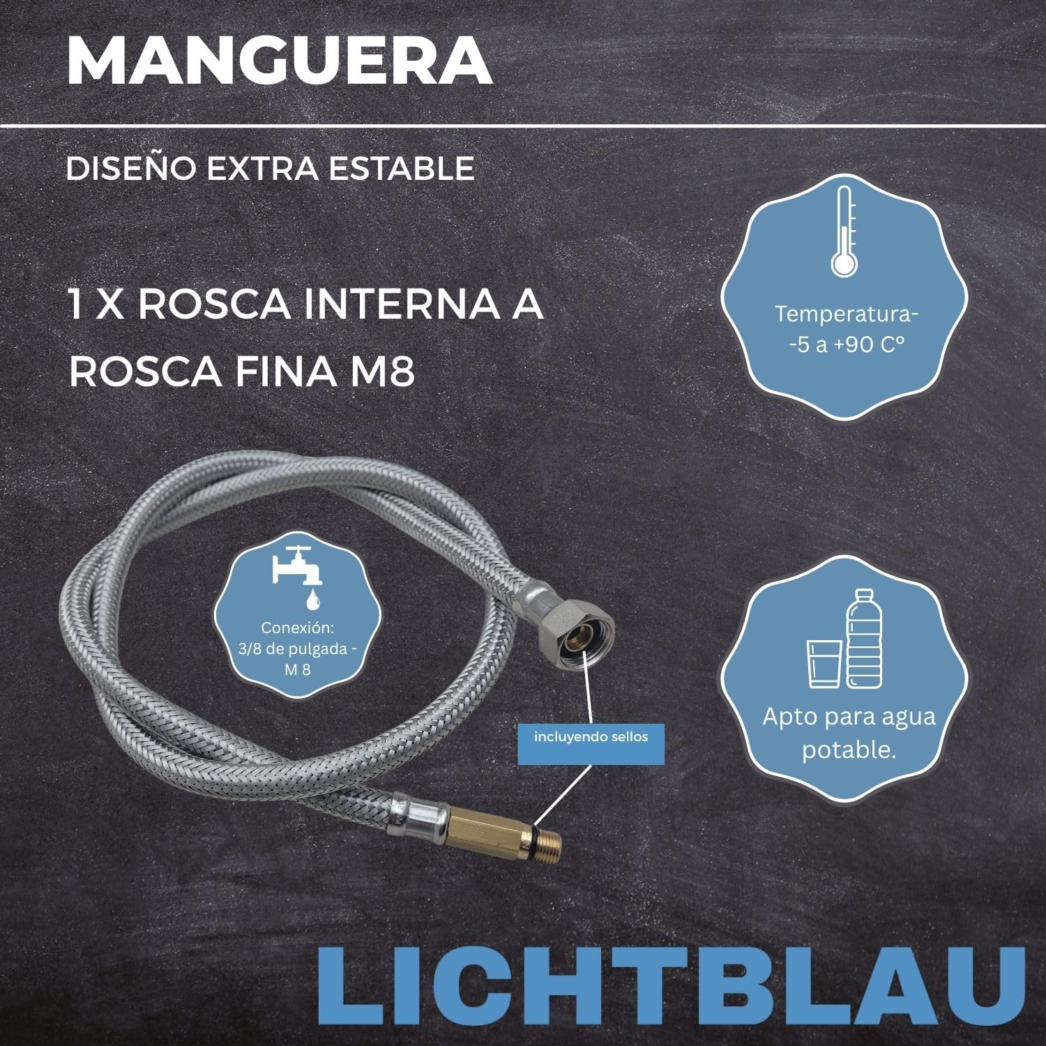 LICHTBLAU Manguera de acero inoxidable resistente a dobleces, 60 cm, 3/8 pulgadas a M8 de largo, adecuada para agua potable, válvula angular, manguera blindada, grifo de cocina | Manguera flexible de acero inoxidable para agua potable, resistente a doblec