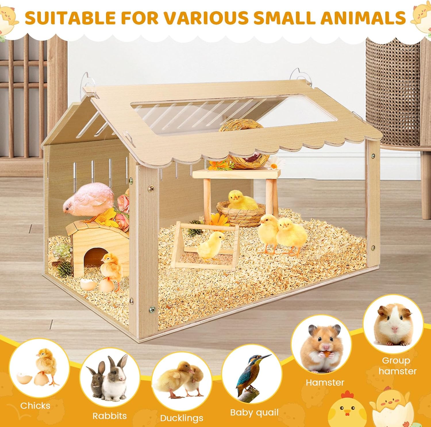 Chicken Brooder Box, Brooder Box for Chicks, Wooden Quail Cage for Hamsters, Ducklings, Hedgehogs and Lizards, Skylight Design Chick Coop, Baby Chicken Supplies (Only Box) (Transparent)