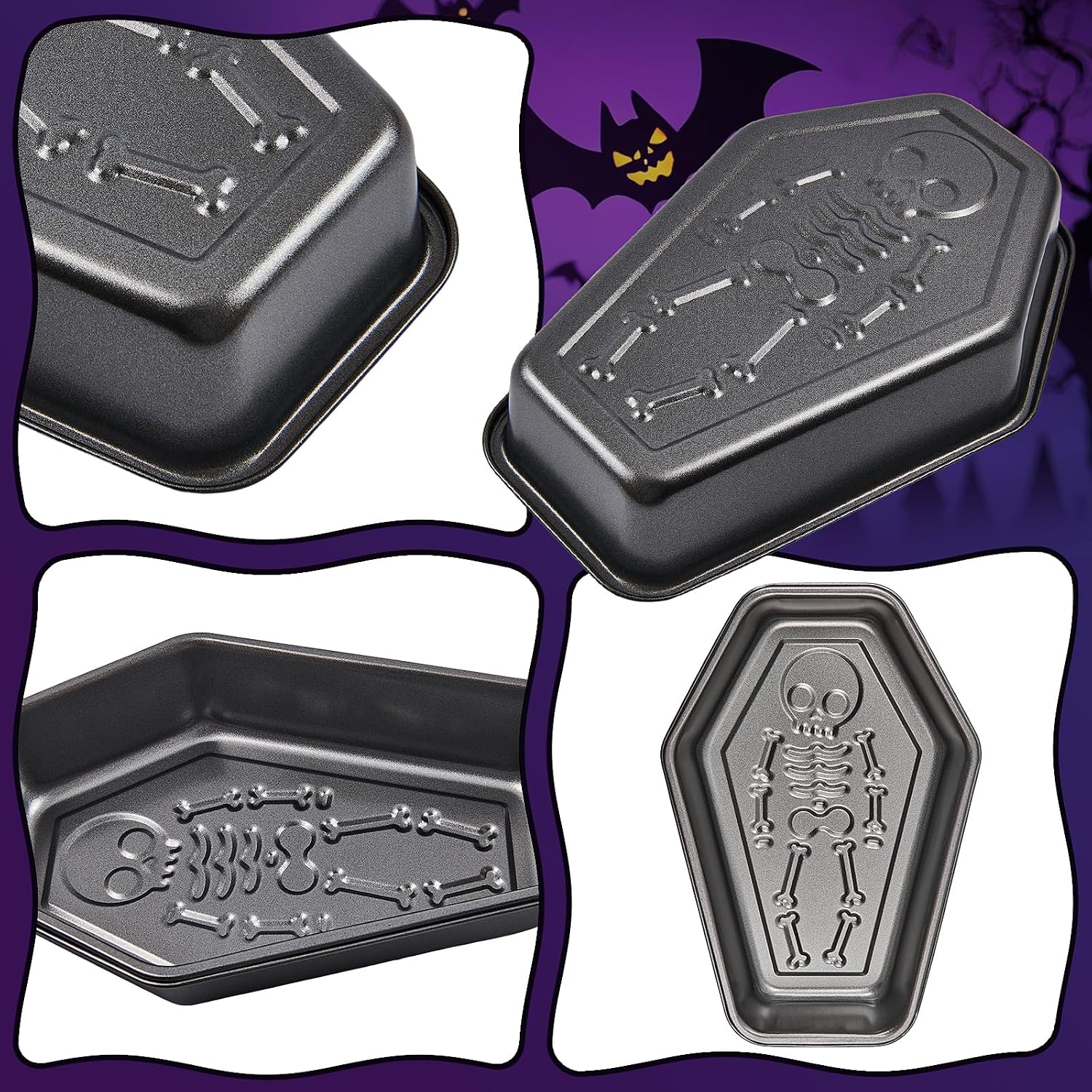 2 Pack Coffin Cake Pans with Skeleton Pattern, 10 Inch Cake Molds for Halloween Baking