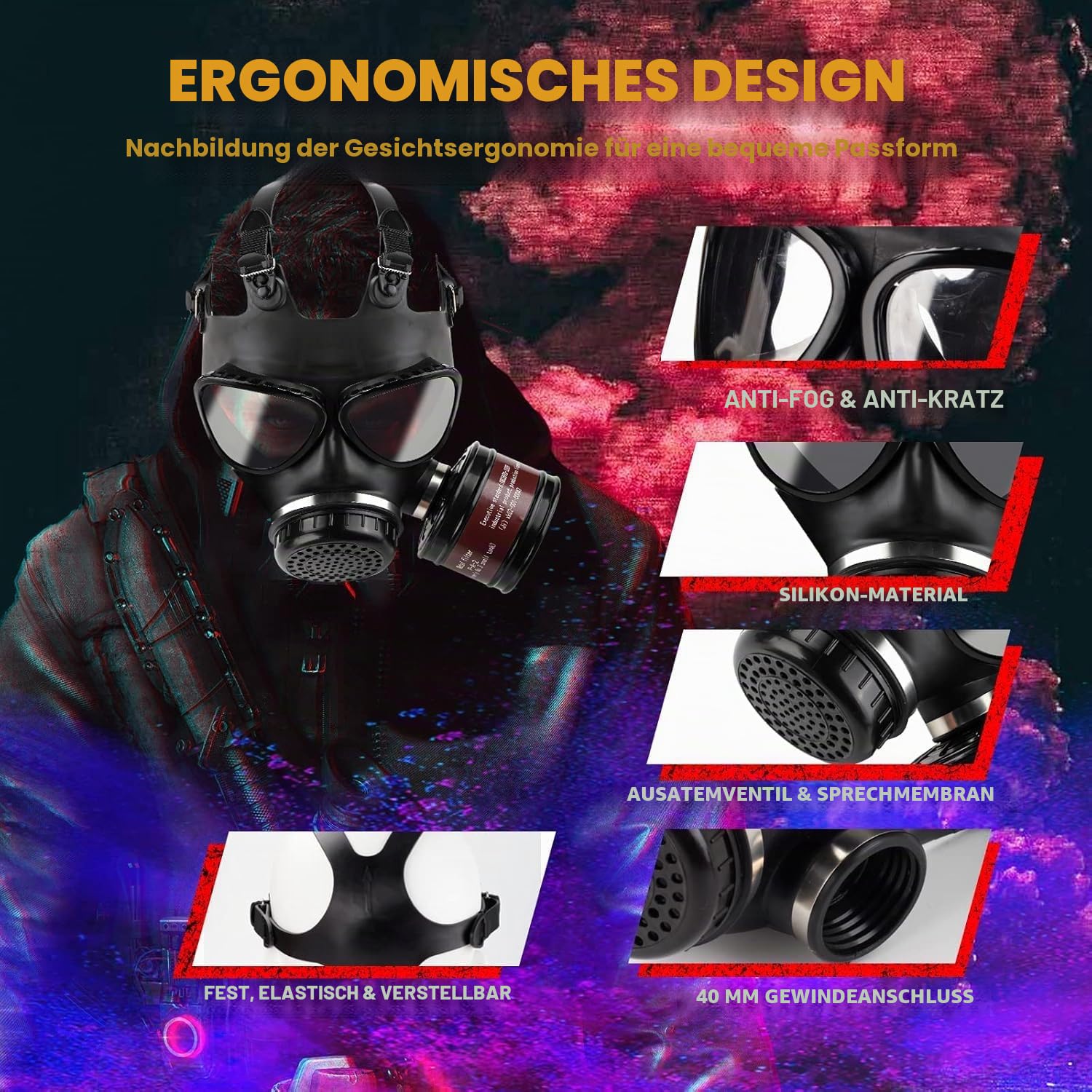 Gasmaske Survival Nuklear und Chemie mit 40-Mm-Aktivkohlefilter, Vollmaske Atemschutzmaske Staub für Feinstaub, Gase Dämpfe,Chemikalien, Farben, Schweißen,Sprühen, Schleifen,Malerei,Polieren