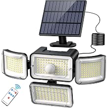CLAONER Solar Outdoor Lights Motion Sensor 3500LM 288 LED Security Light with Remote Control IP67 Waterproof 4 Heads Flood Lights with 16.4ft Cable 4 Modes 1 Pack