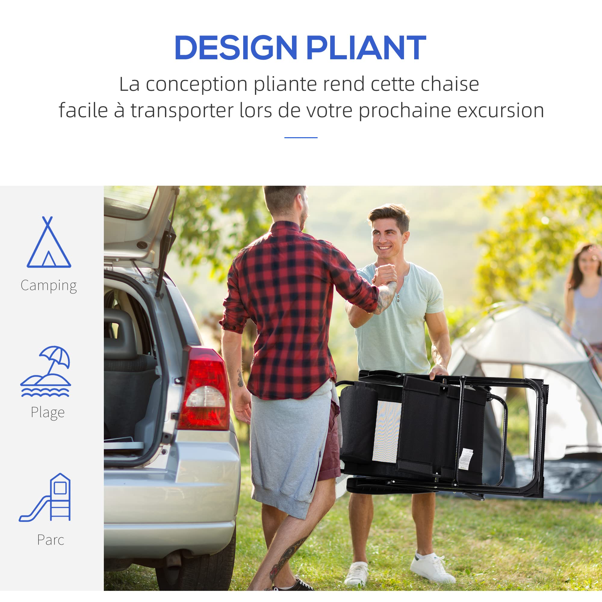 Outsunny Lot de 2 chaises de Jardin Set Basic de 2 chaises Pliantes Chaise de Camping Chaise de Balcon accoudoir Dossier réglable en 5 Positions Oreiller Amovible fourni Tissu Oxford textilène Noir