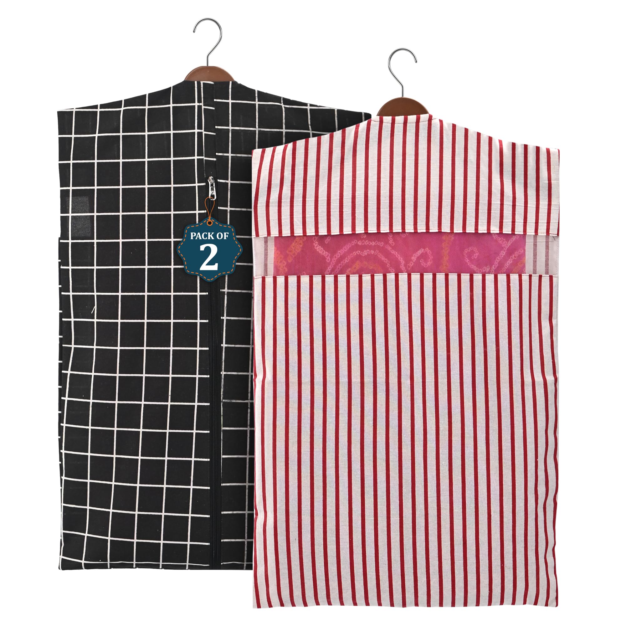 Kuber Industries 2 Pcs Mesh Window Cotton Hanging Saree Covers for Storage/Gifting | Saree Organiser for Wardrobe/Storage | Saree Bags/Organiser for Wardrobe | Printed - Black & Maroon