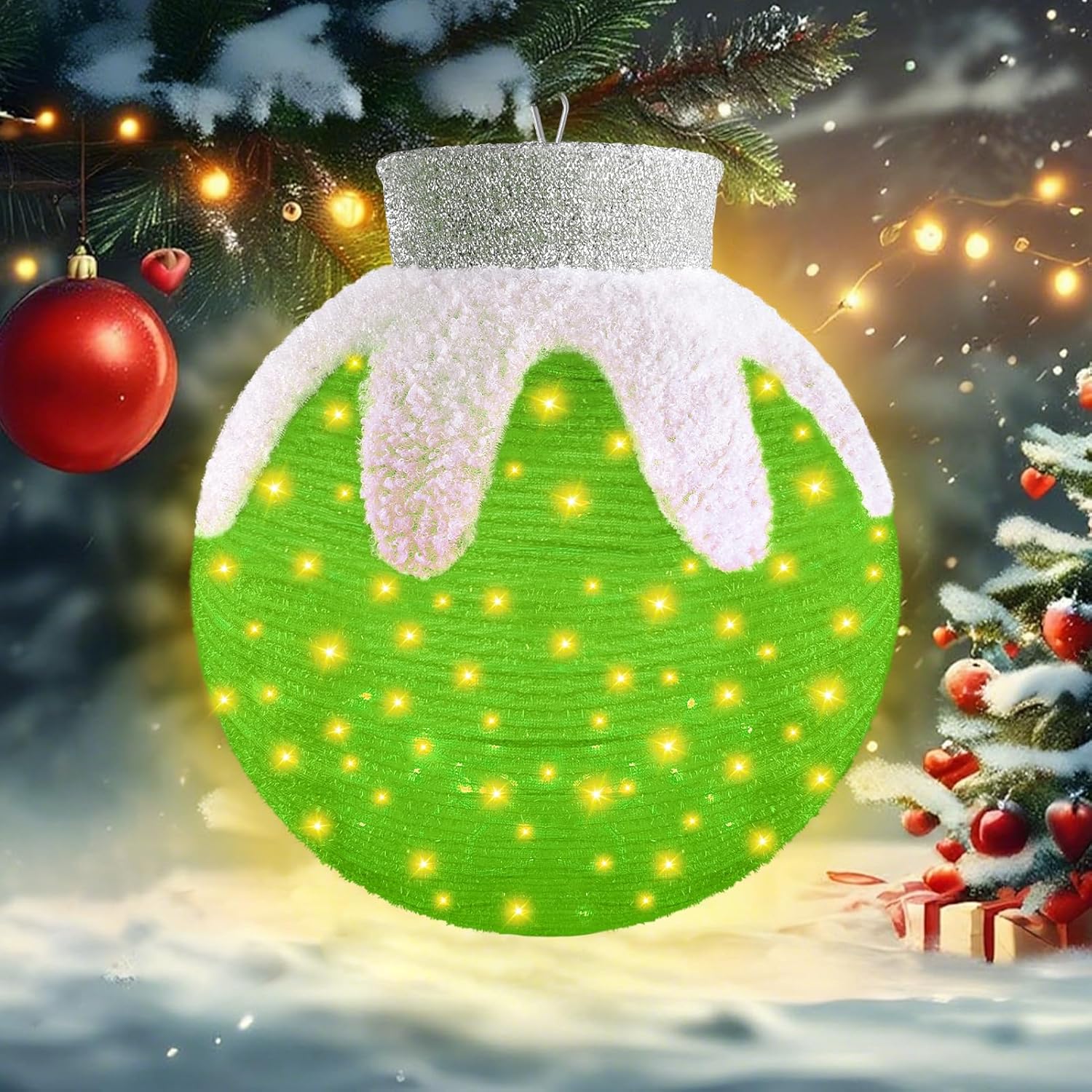 Outdoor Hanging Christmas Ornaments, Lighted Pop-Up Hanging Outdoor Holiday Ball Decoration, 8 Light Modes, Lighted Collapsible Holiday Decorations (Green)
