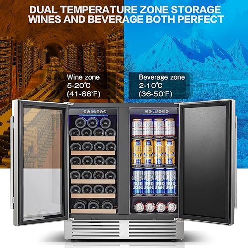 Miniatura 5 de BODEGA Refrigerador de vino y bebidas de 30 pulgadas de pie. Refrigerador de vino de acero inoxidable de doble zona debajo del mostrador, enfriador