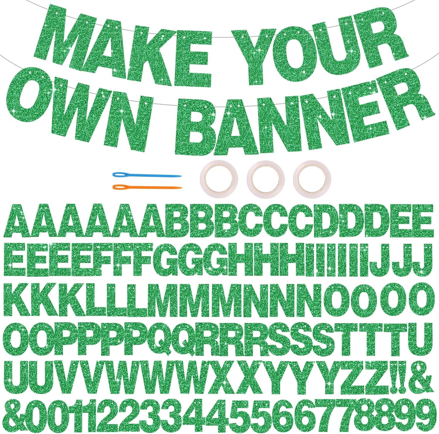 DecoGlee 116 PCS A-Z Glitter Green DIY Letter Banner Kit Make Your Own Banner，Including 111 Letters and Numbers 3 Rope and 2 Threading Device,for Birthday Graduation Wedding Halloween Party Decor