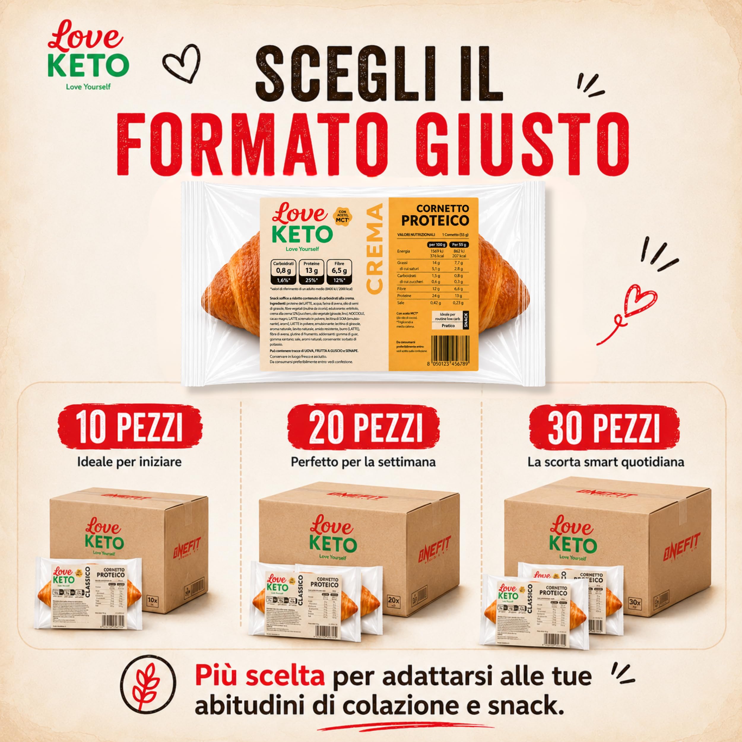 Cornetti proteici low carb ripieni alla crema 20 confezioni da 50gr - Made in Italy