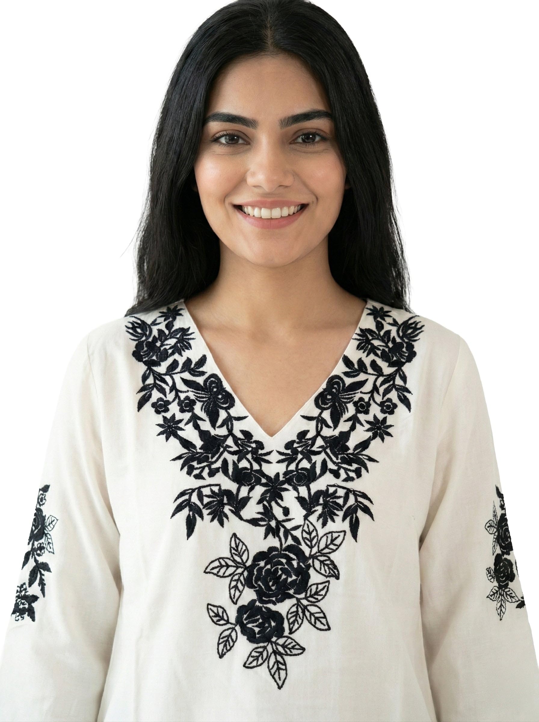 Ladyline Top a tunica da donna con ricamo boho, in rayon di alta qualità, con maniche a 3/4, lunghezza ai fianchi, copricostume da spiaggia