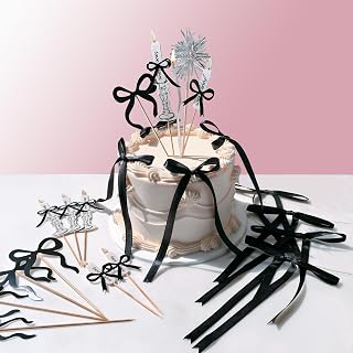 Elegant Bow Cake Topper Set - 16-Piece with Pre-Tied Ribbon/paper Bows, Vintage Candles & 1 Silver Twist Candle, for Coquette Birthday Cake Decor Great for IG TK Photo Shoots (Cake, lack & White)