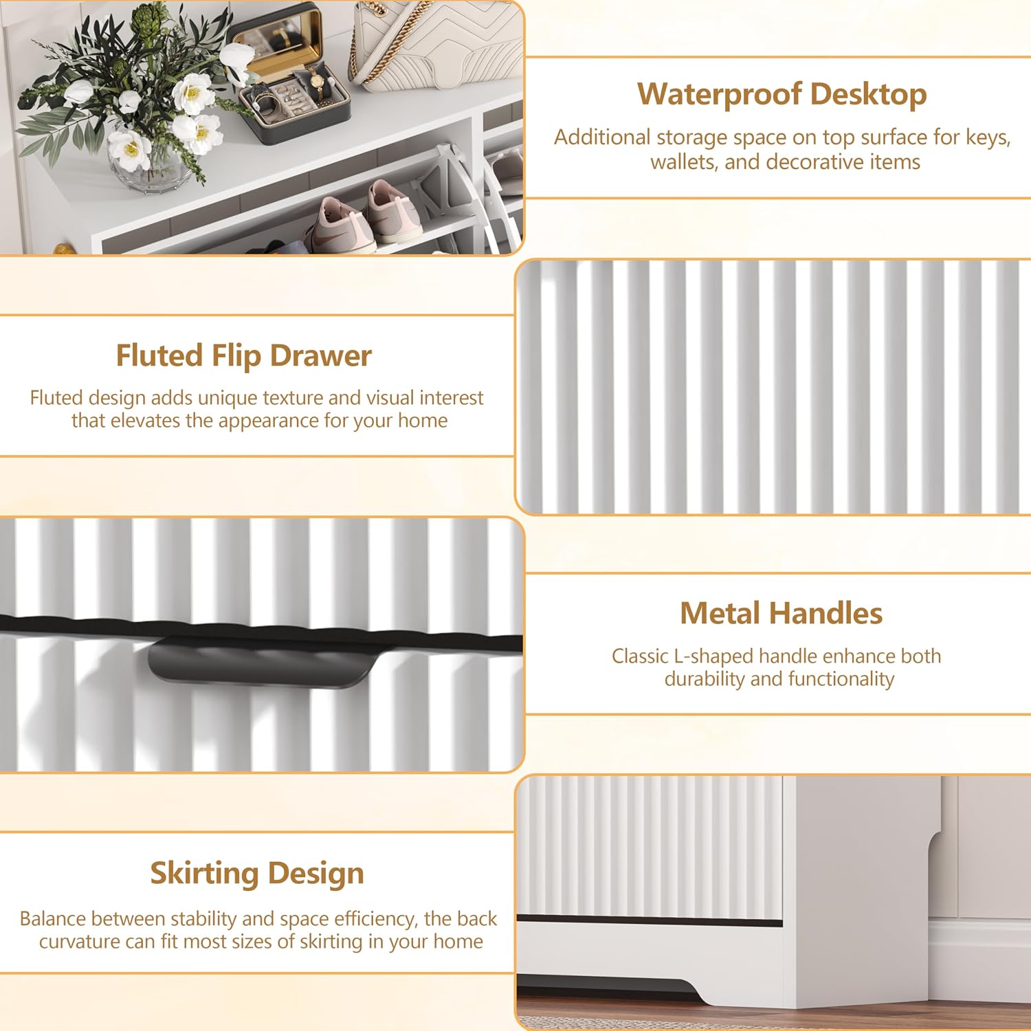 HUANLEGO Shoe Cabinet Storage for Entryway with 3 Flip Drawers, White Fluted Shoe Cabinet with Adjustable Shelves, Wooden Hidden Shoe Rack Freestanding Narrow Slim Shoes Storage for Hallway, Entrance