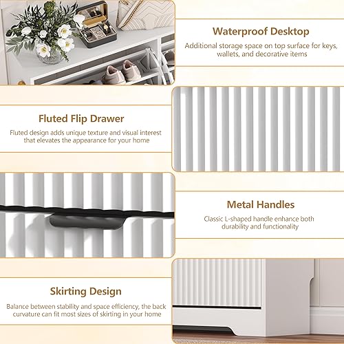 Miniatura 5 de Armario de zapatos para entrada con 3 cajones abatibles, armario de zapatos blanco acanalado con estantes ajustables, zapatero oculto de madera