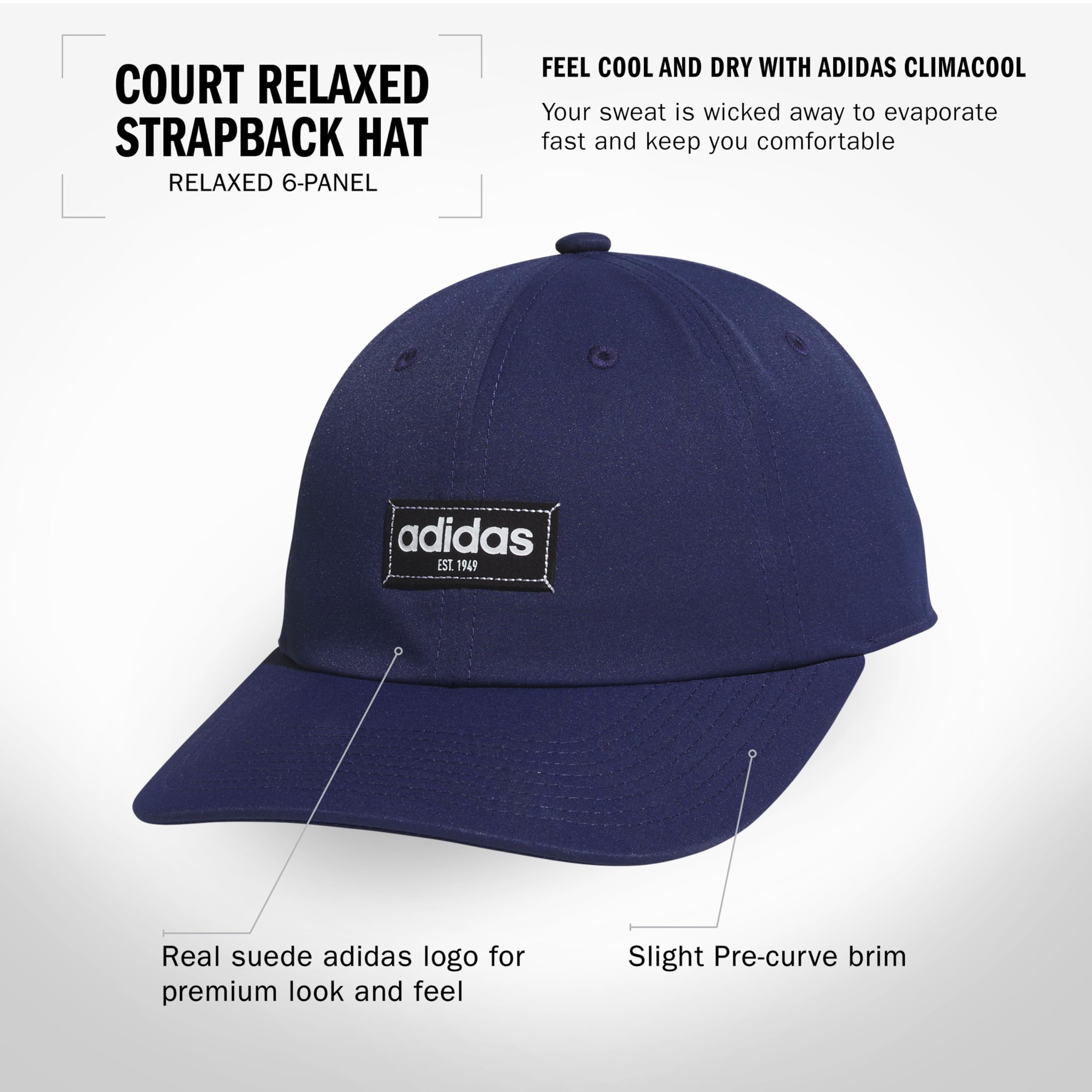 adidas Court Slight Pre Curve Brim Relaxed Crown Strapback Retro Style Hat Gorra de béisbol para Hombre