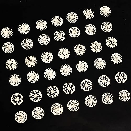 Miniatura 5 de CHGCRAFT 96 dijes redondos planos de filigrana de latón de 4 estilos, enlaces dorados, colgantes de flores huecas doradas, colgantes de filigrana
