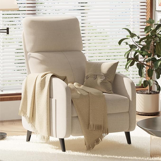 FLEXISPOT XC2 Recliner Chair for Adults, Fabric Small Reclining Chair Home Theater Seating with Side Pockets, Adjustable Modern Single Sofa Armchair, Extended Footrest for Living Room(Beige)