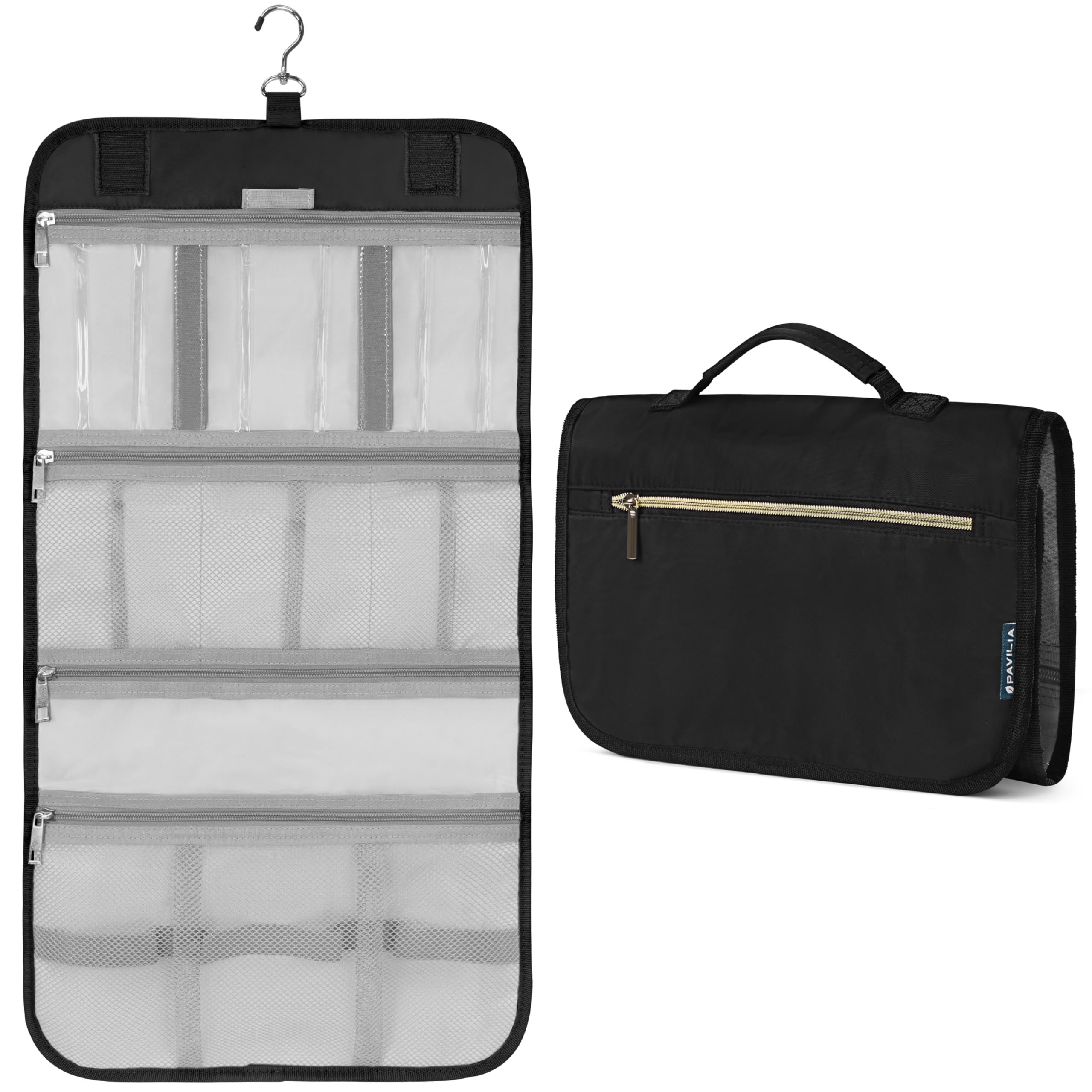 PAVILIA Hanging Toiletry Bag Women Men, Travel Kit Foldable Large Toiletries Organizer, Roll up Cosmetics Makeup Bag Accessories, Waterproof