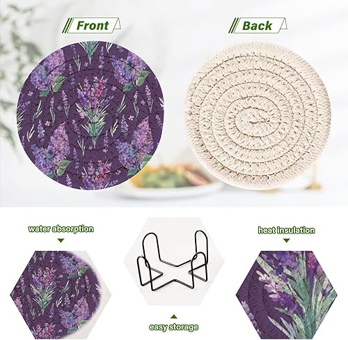 Miniatura 4 de innewgogo Watercolor Lavender Flowers 6 Pcs Absorbent Drink Coasters for Tabletop Protection Handmade Round Woven Coaster with Holder & Heat Water