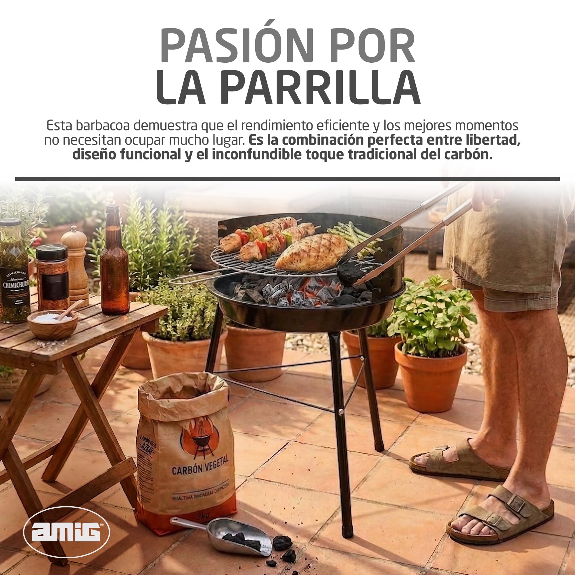 Amig - Barbacoa de carbón - 33 x 35 x 56 cm - Negro - Fabricado en Acero - Jardín y patio - para terraza y balcón con tamaño ajustado a espacios pequeños uso práctico y mantenimiento fácil. Mod. AZKAR